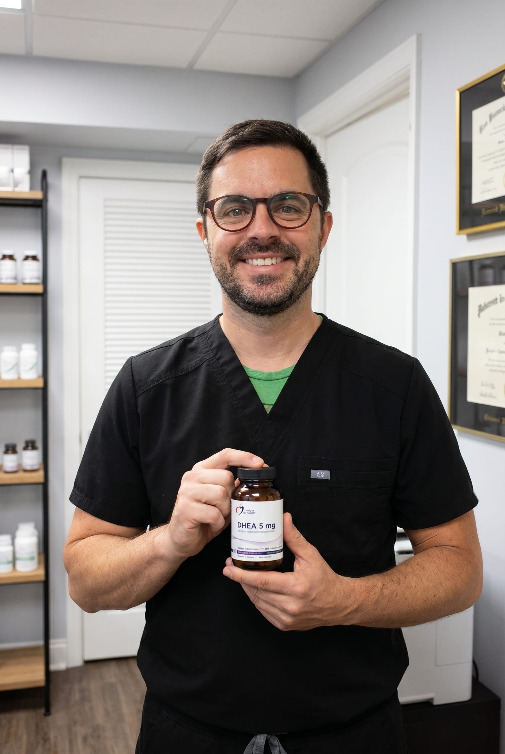 Dr. Bell holding DHEA 5 mg
