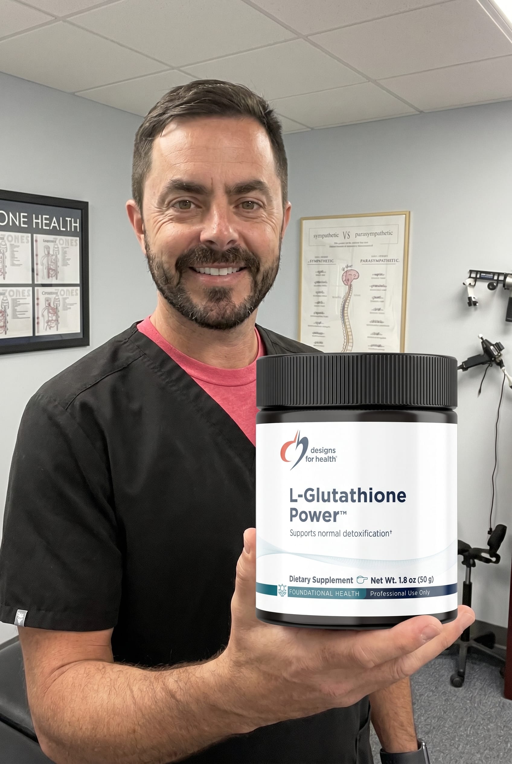 Dr. Bell holding glutathione-power