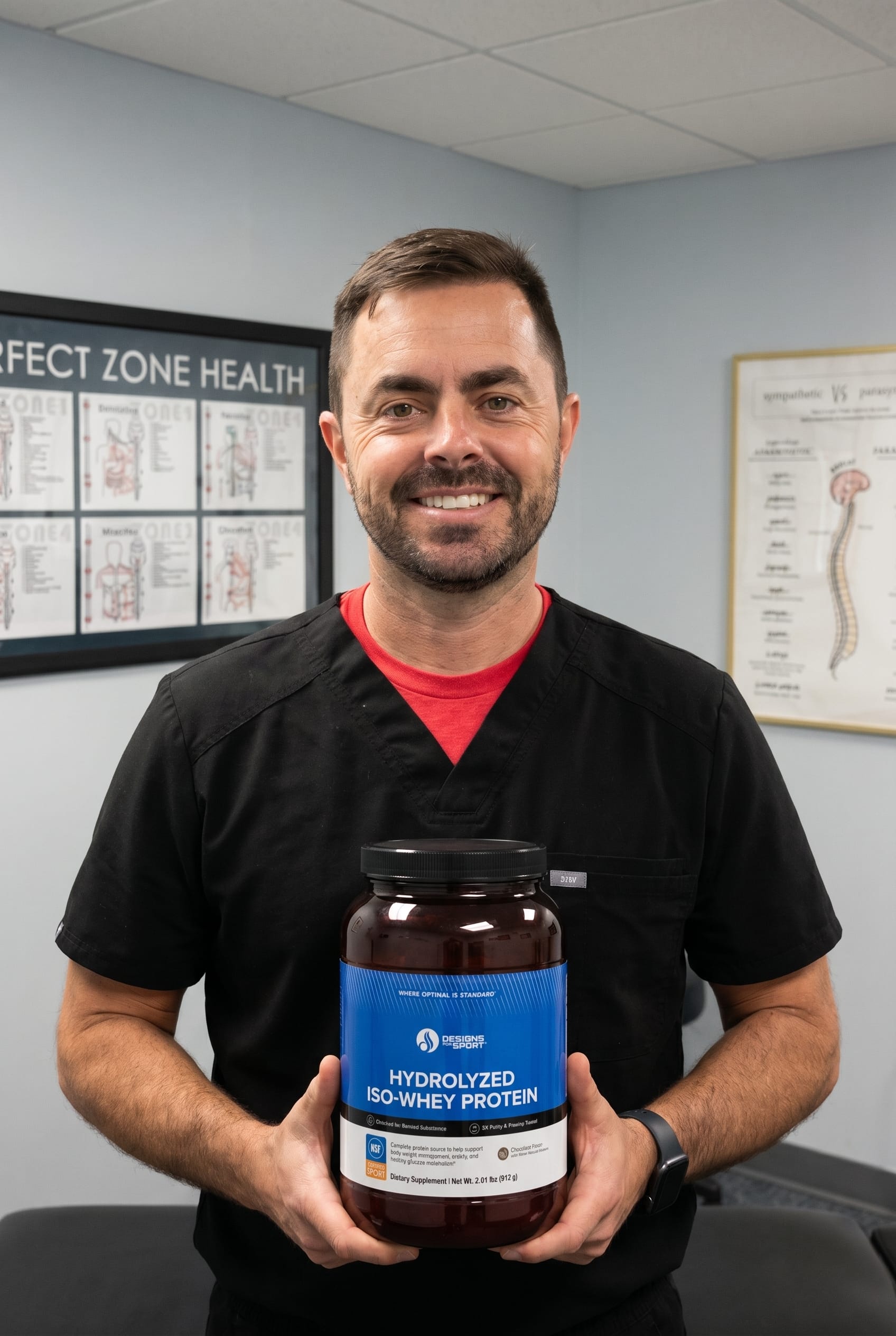 Dr. Bell holding hydrolyzed-iso-whey-protein