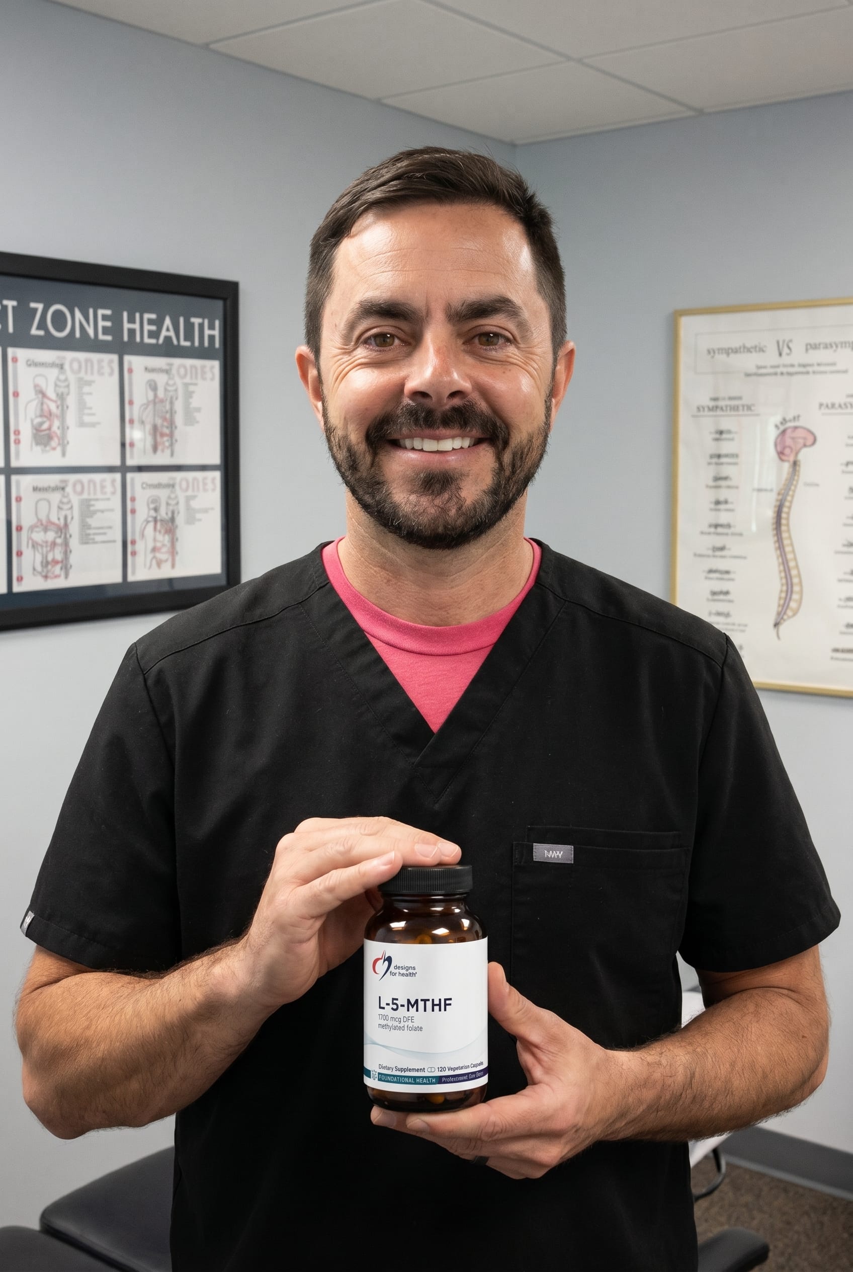 Dr. Bell holding L-5-MTHF 1,700 mcg