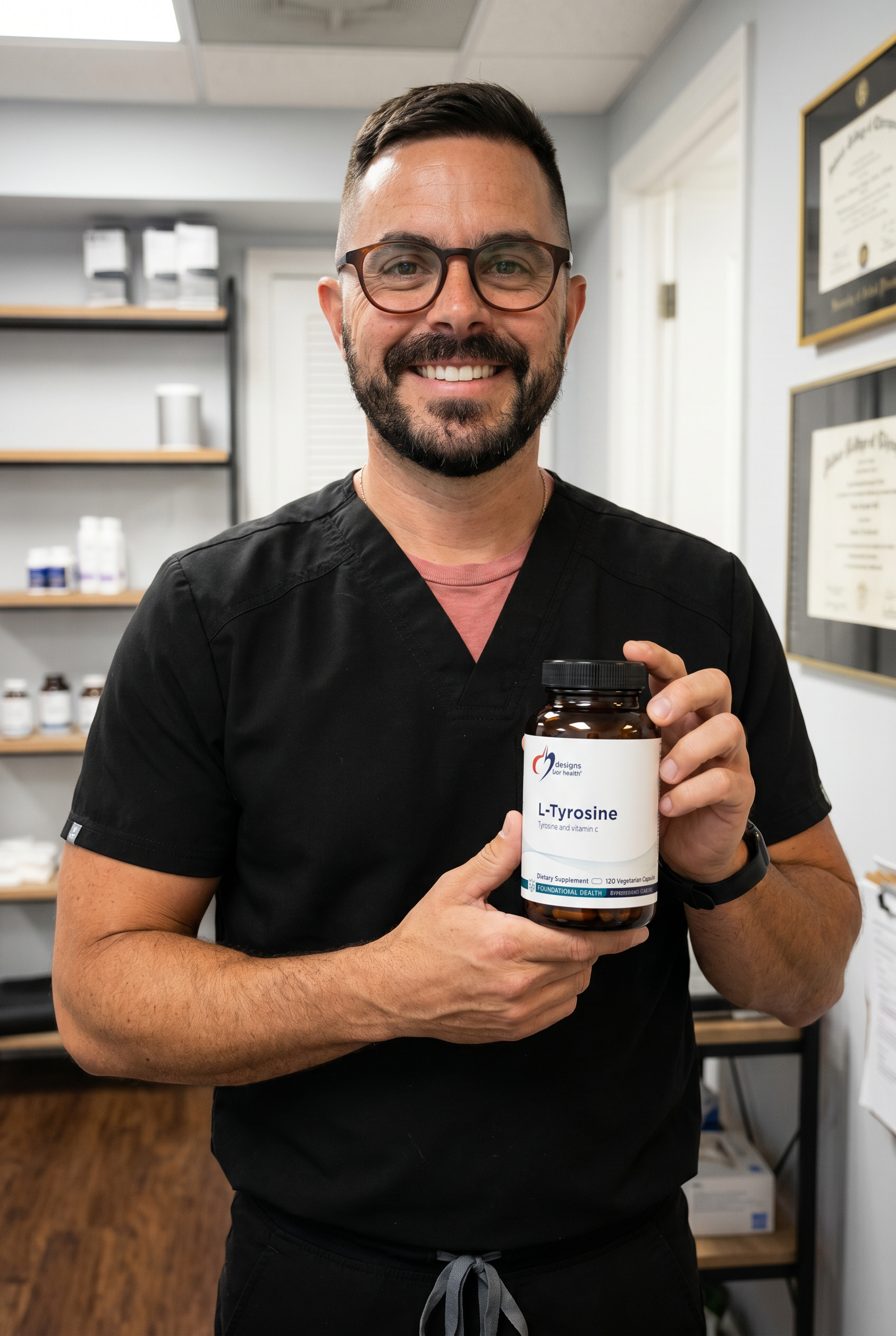 Dr. Bell holding l-tyrosine