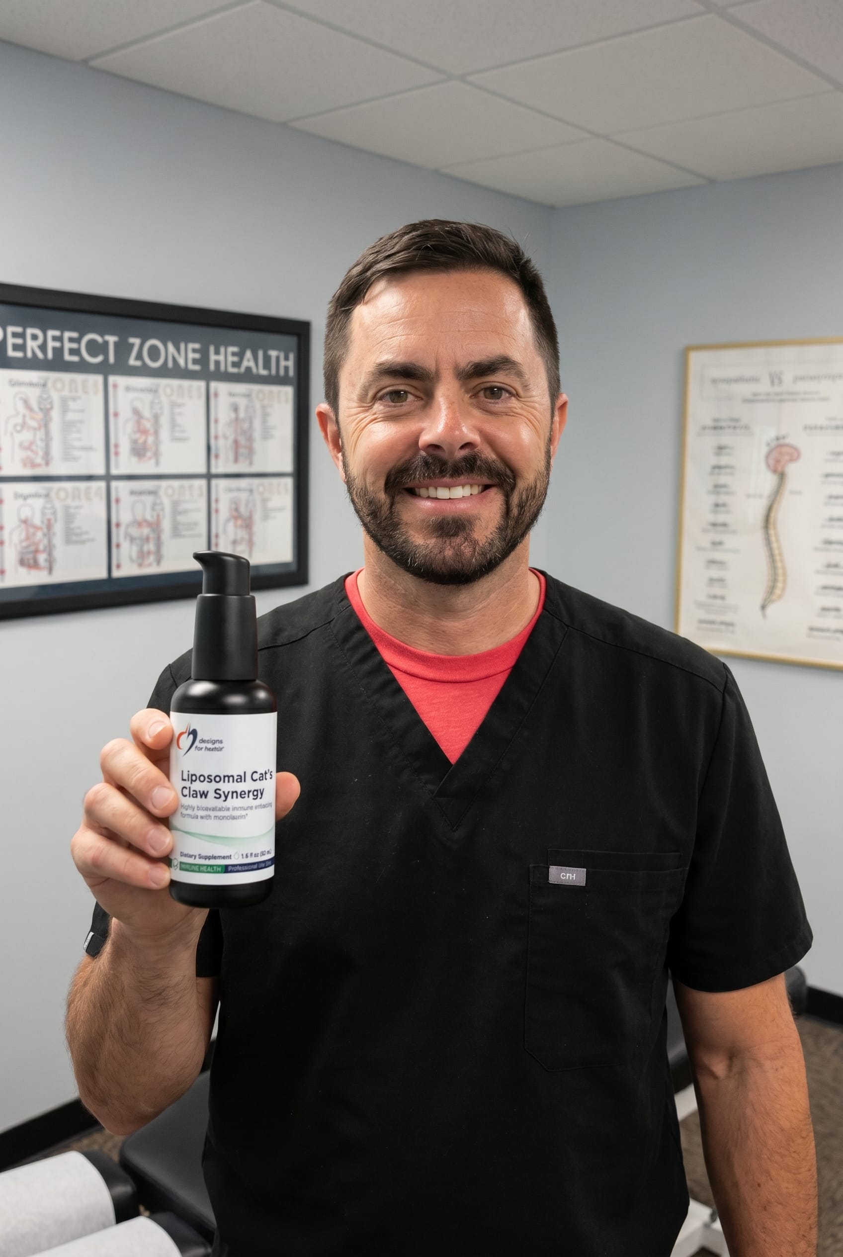Dr. Bell holding Liposomal Cat's Claw Synergy