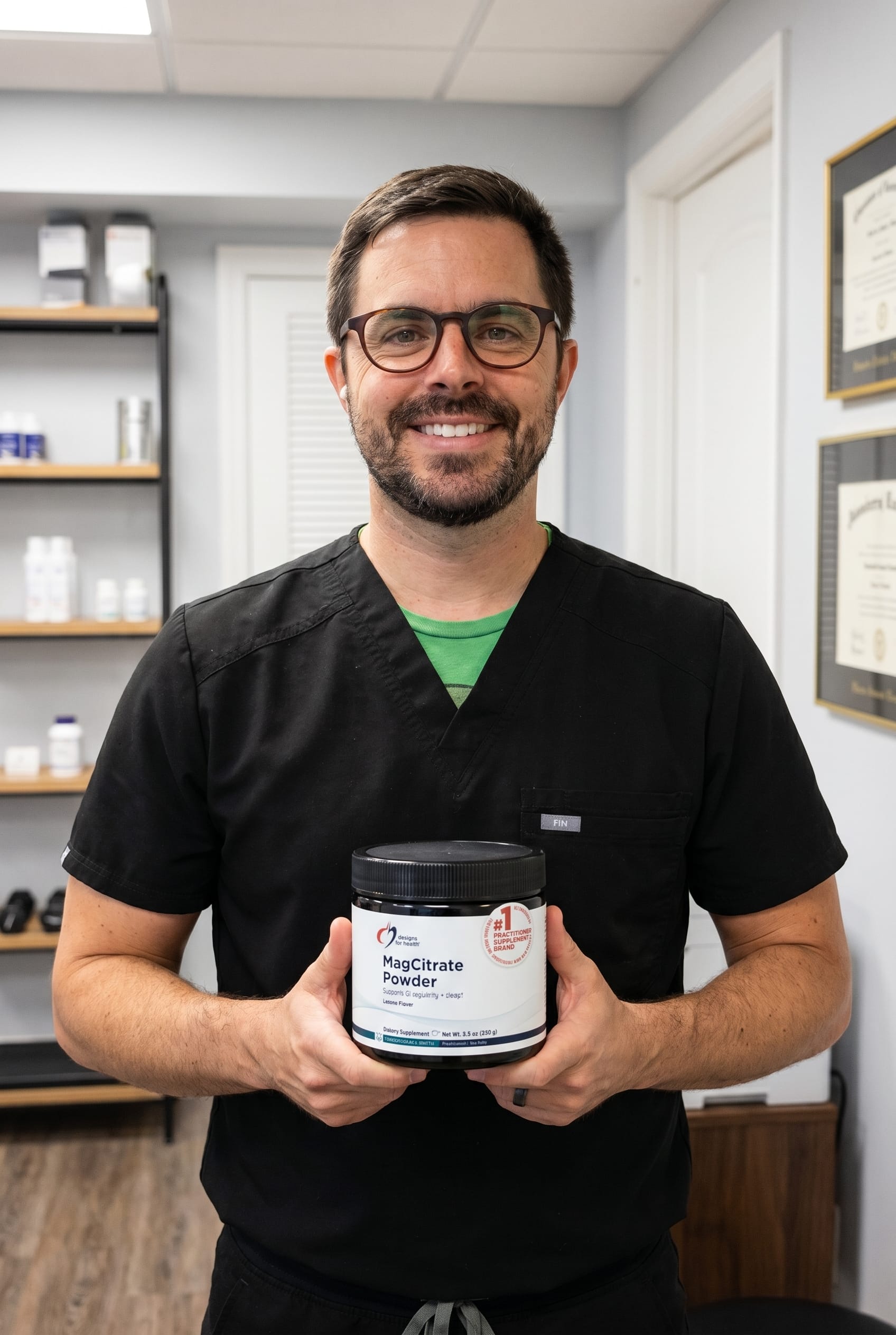 Dr. Bell holding MagCitrate Powder