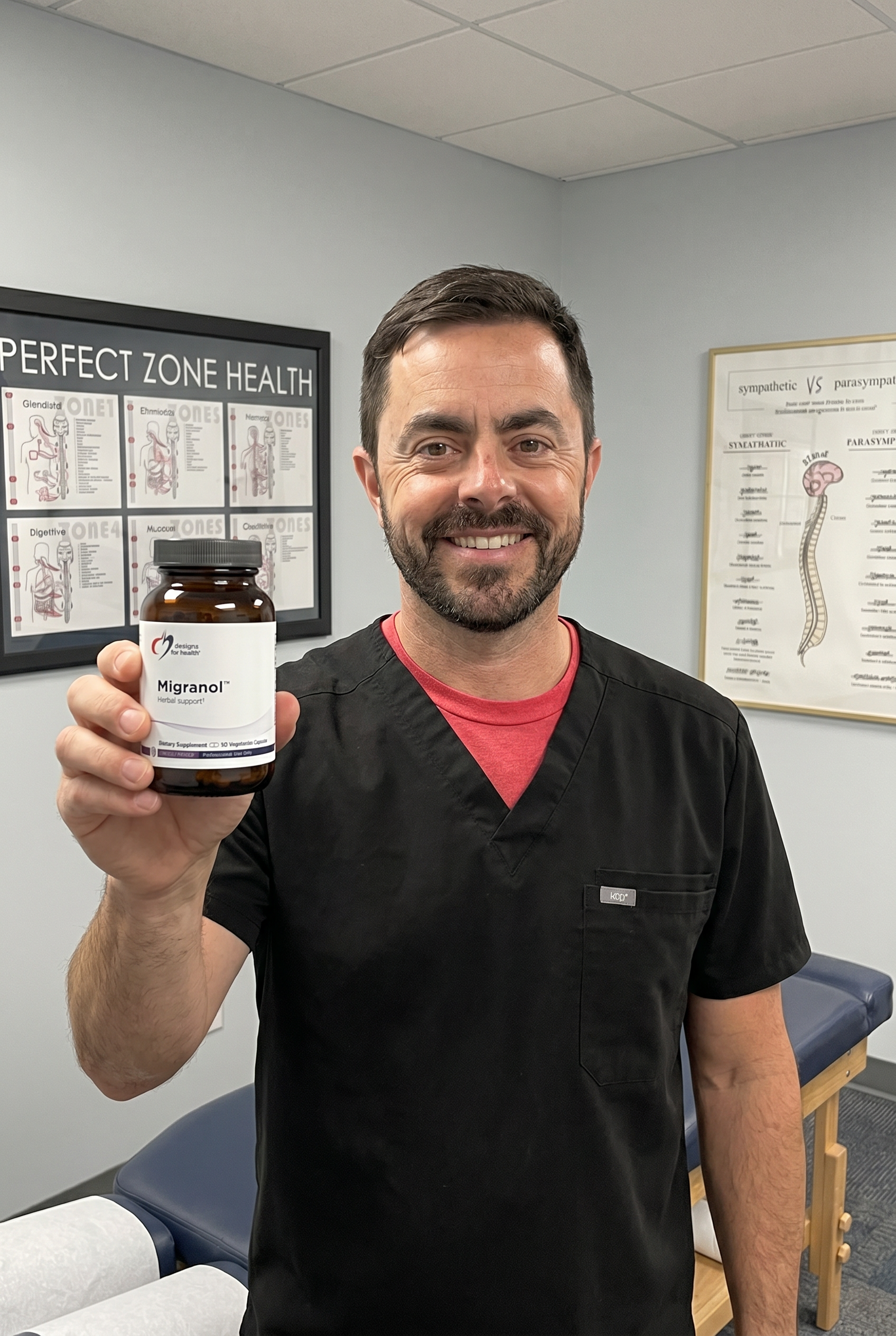 Dr. Bell holding Migranol