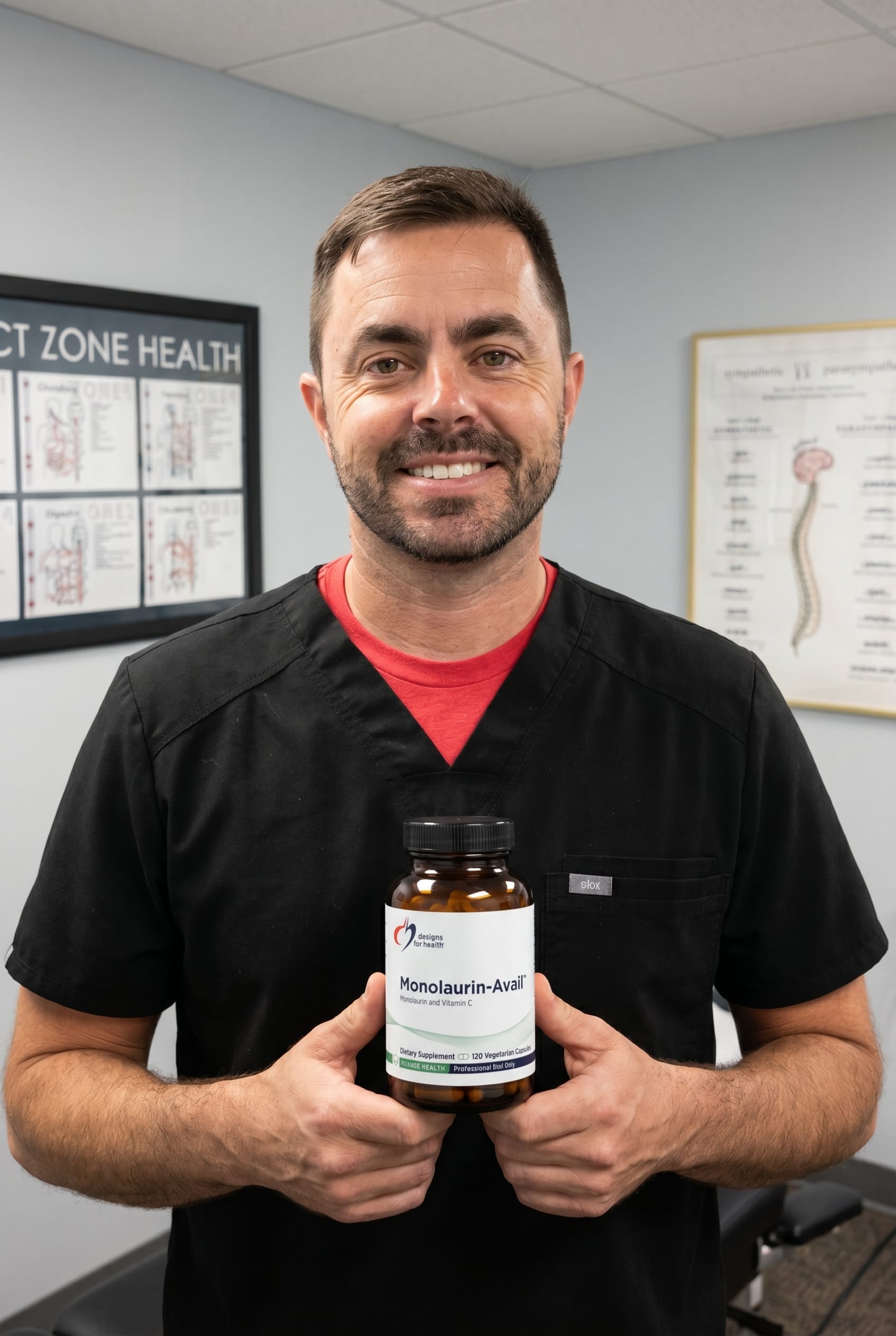Dr. Bell holding monolaurin-avail