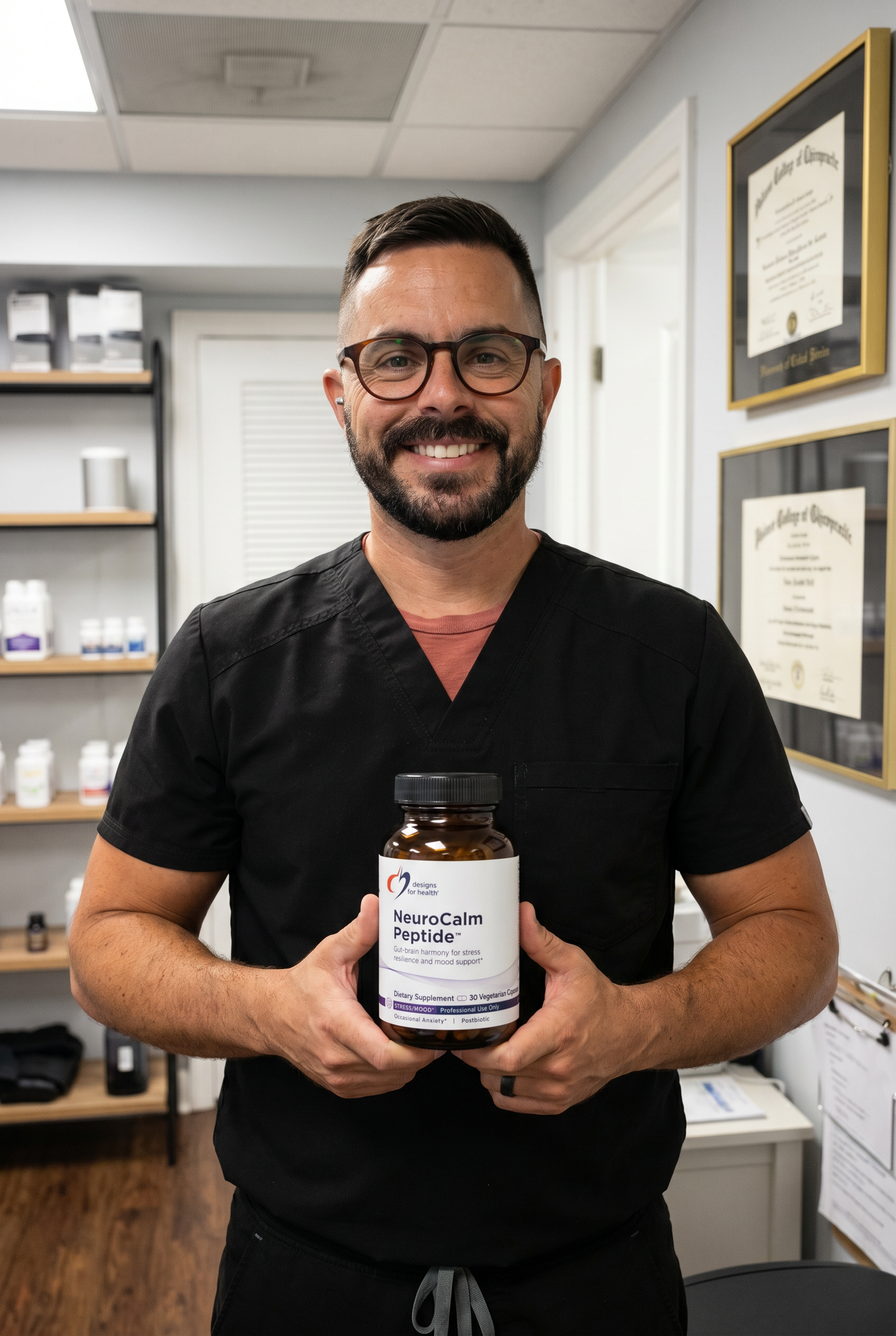 Dr. Bell holding NeuroCalm Peptide