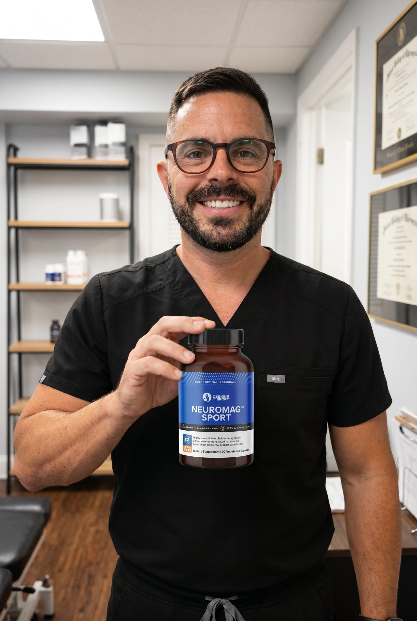 Dr. Bell holding Neuromag Sport