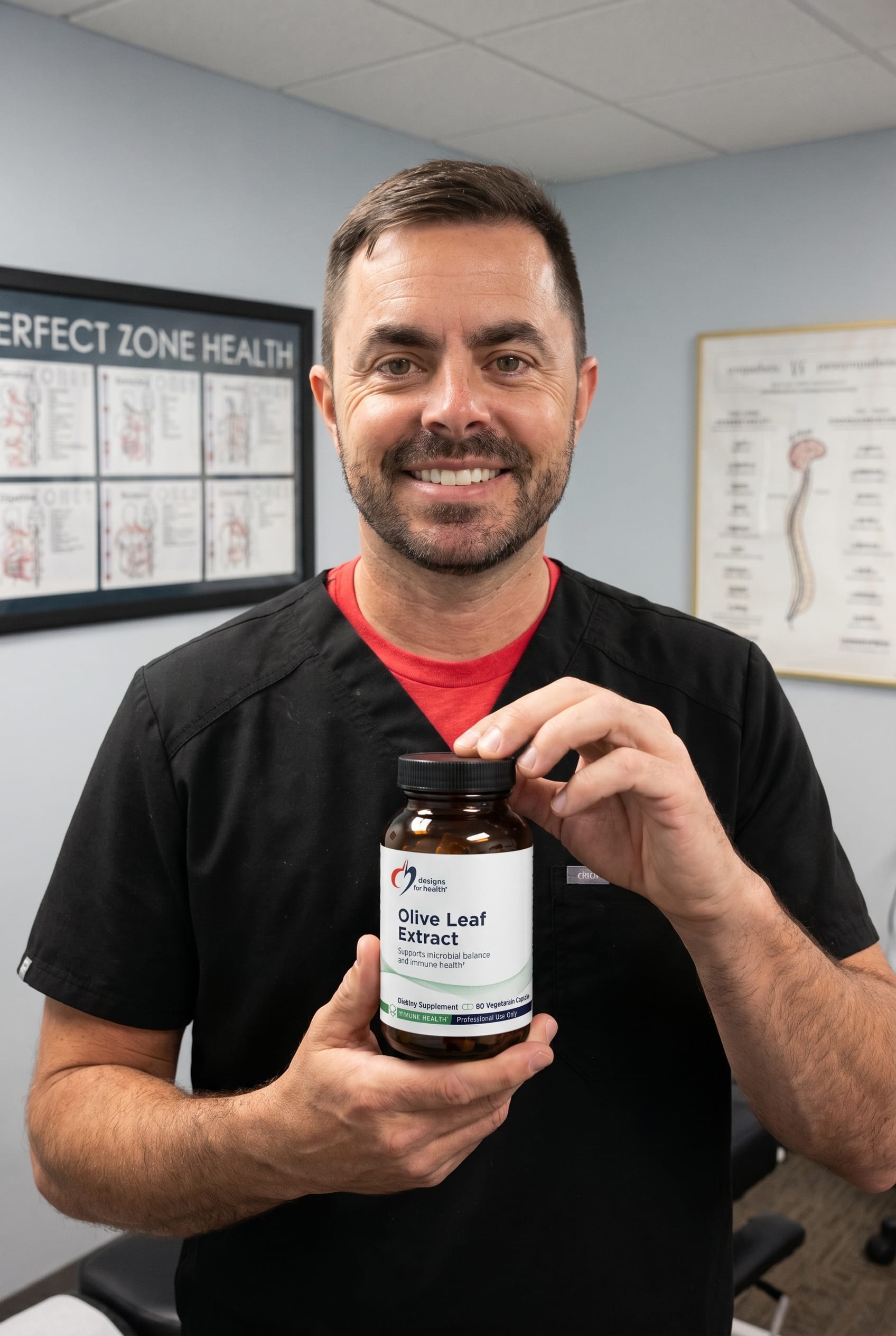 Dr. Bell holding Olive Leaf Extract