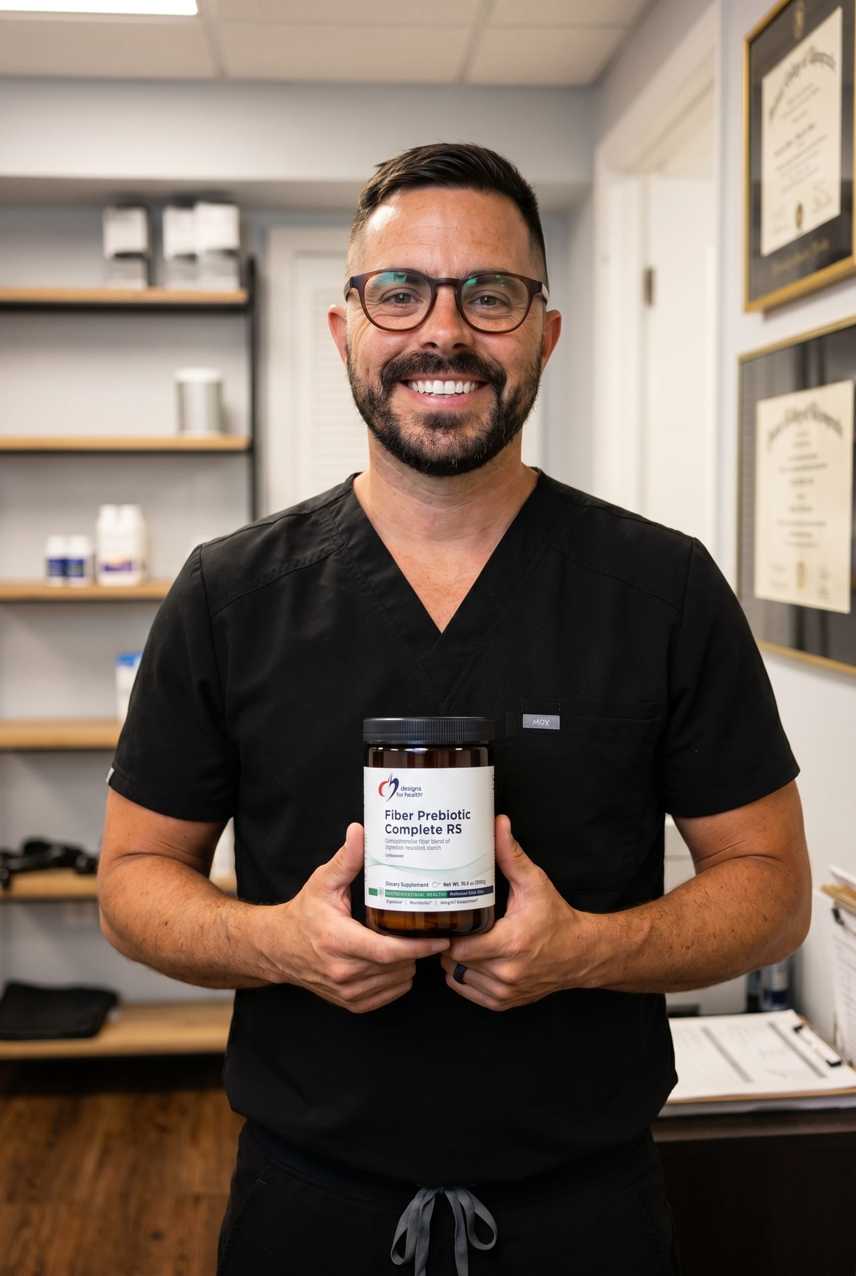 Dr. Bell holding Fiber Prebiotic Complete RS