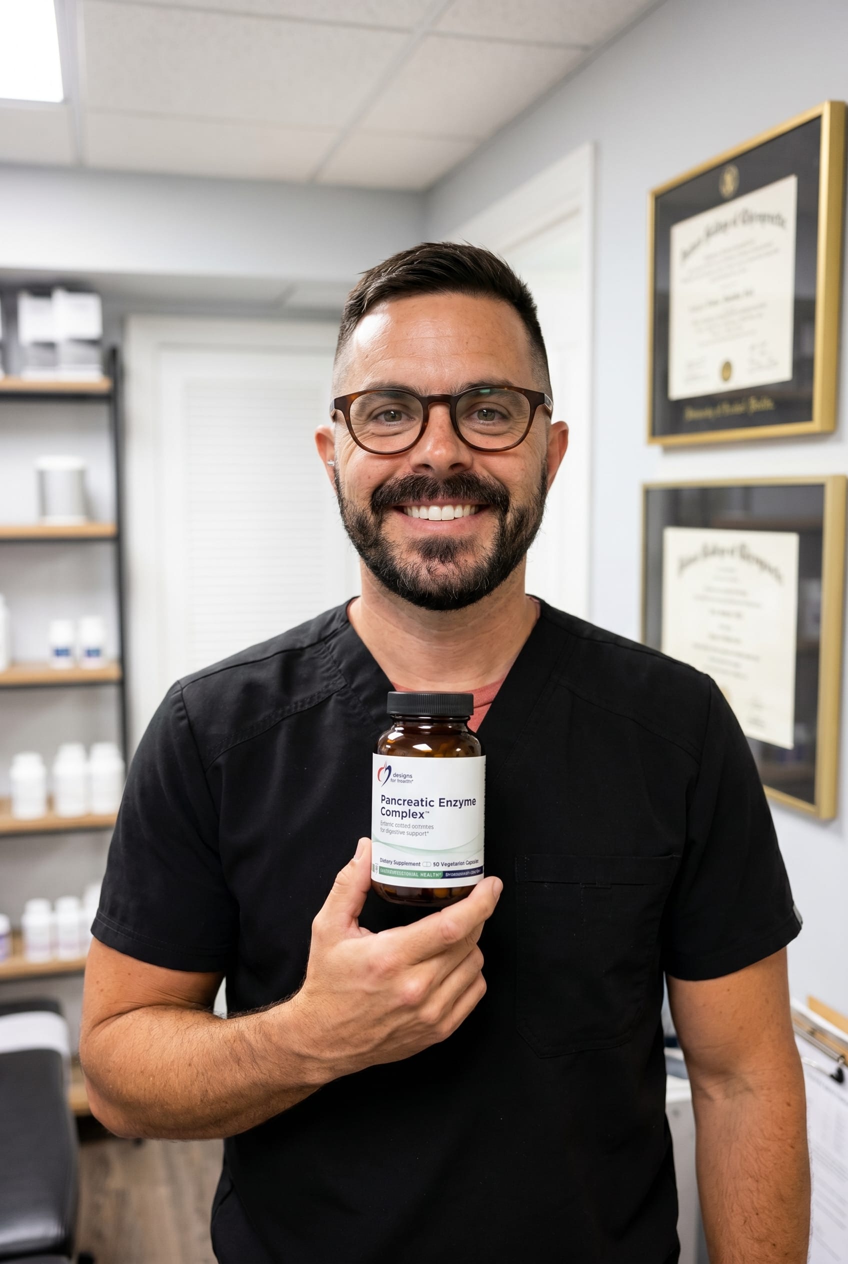 Dr. Bell holding Pancreatic Enzyme Complex