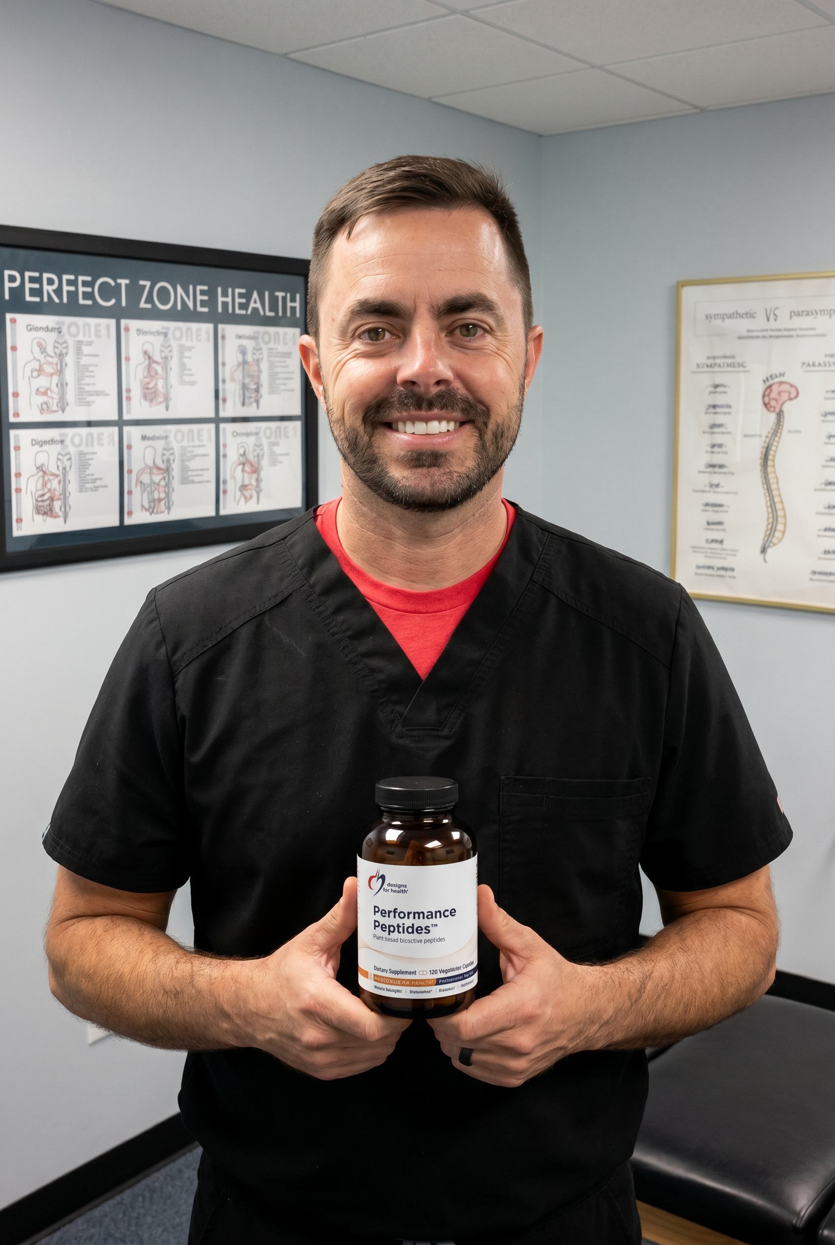 Dr. Bell holding Performance Peptides