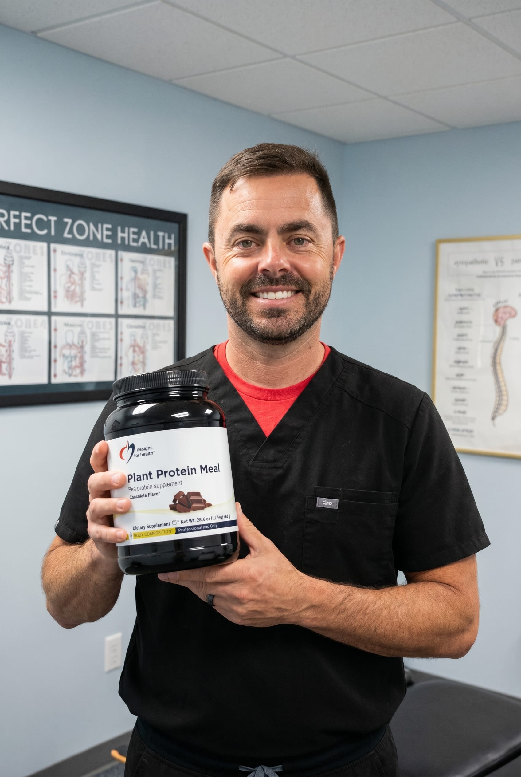 Dr. Bell holding Plant Protein Meal