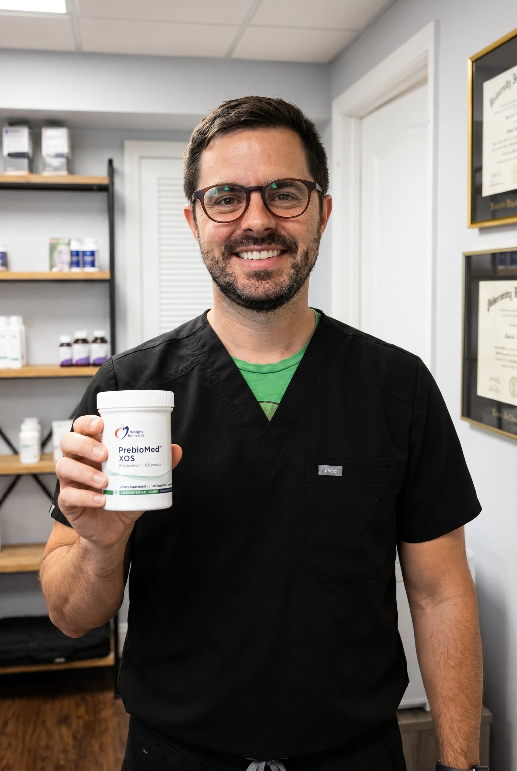 Dr. Bell holding PrebioMed XOS