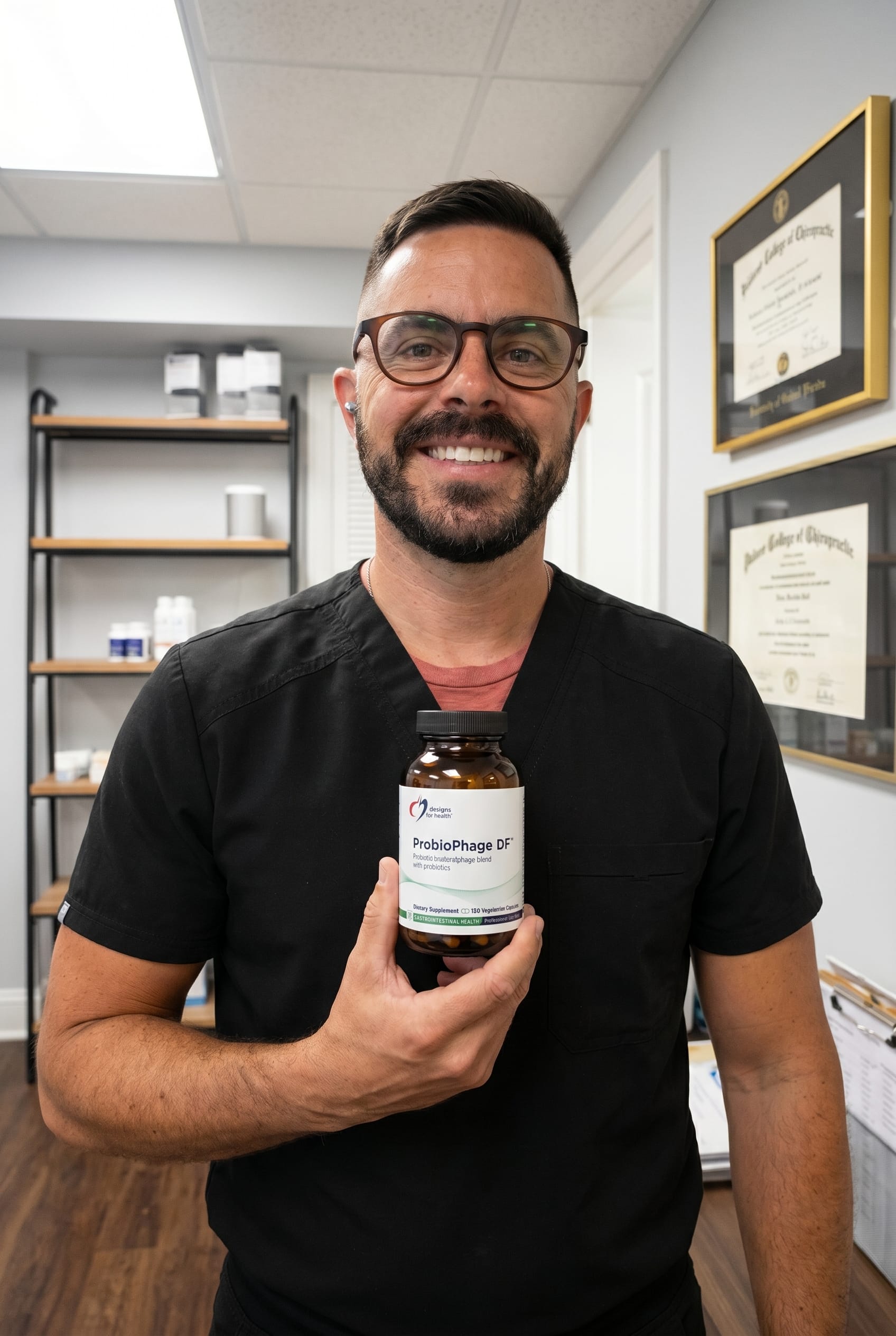 Dr. Bell holding probiophage-df