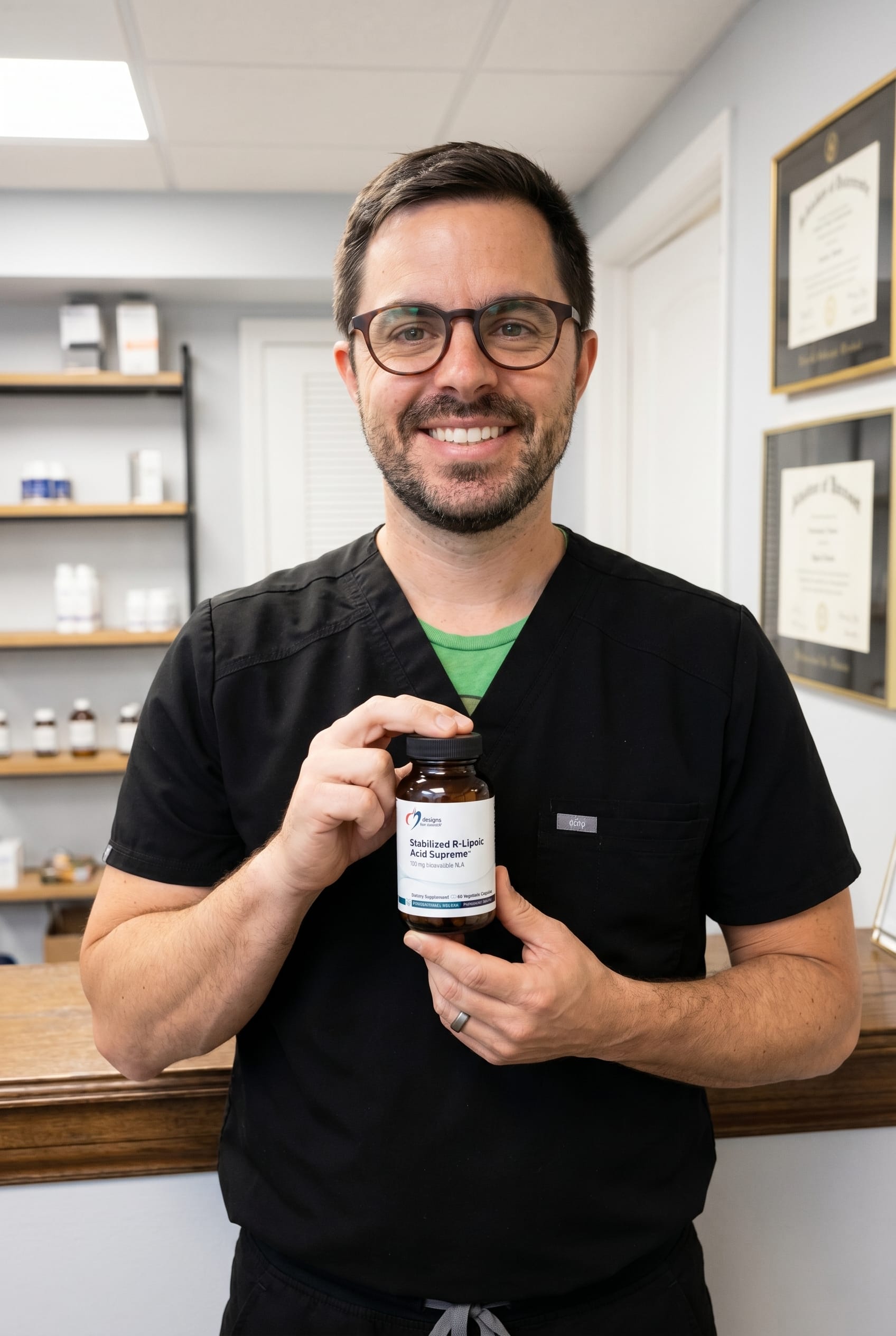 Dr. Bell holding Stabilized R-Lipoic Acid Supreme