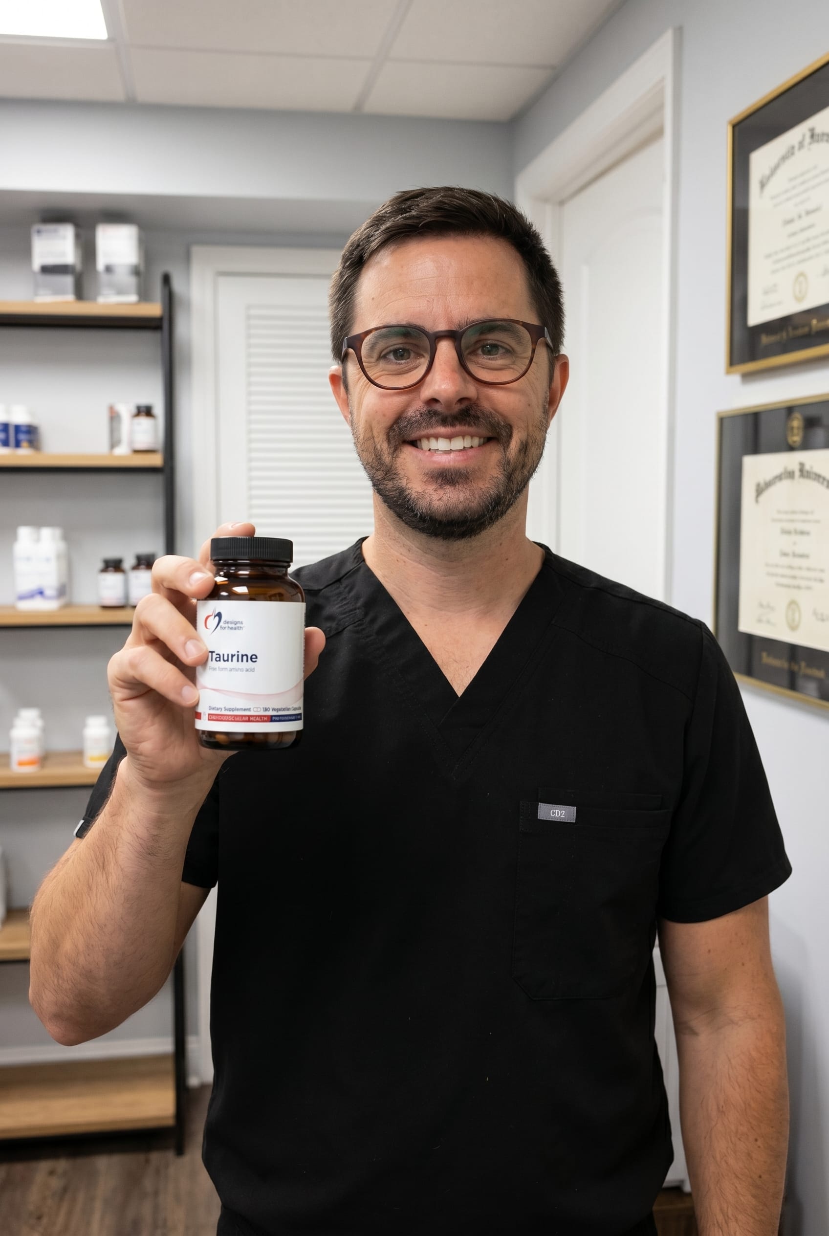 Dr. Bell holding Taurine