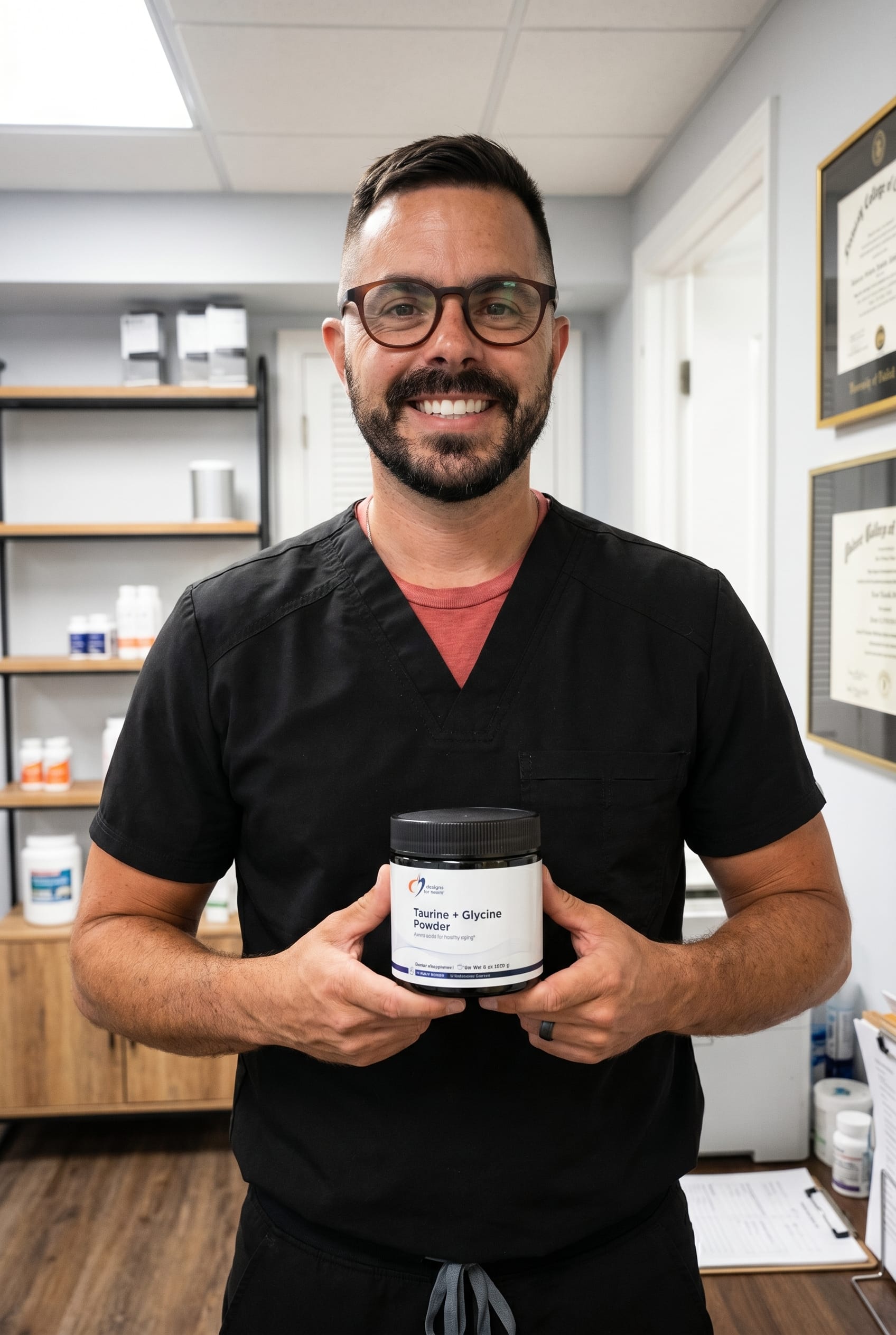 Dr. Bell holding taurine-glycine-powder
