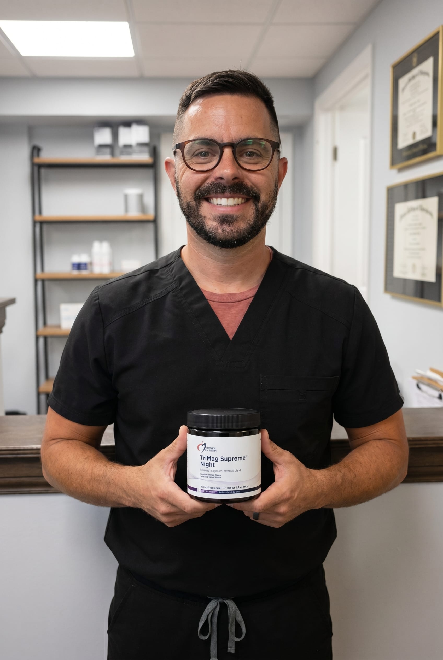 Dr. Bell holding TriMag Supreme Night