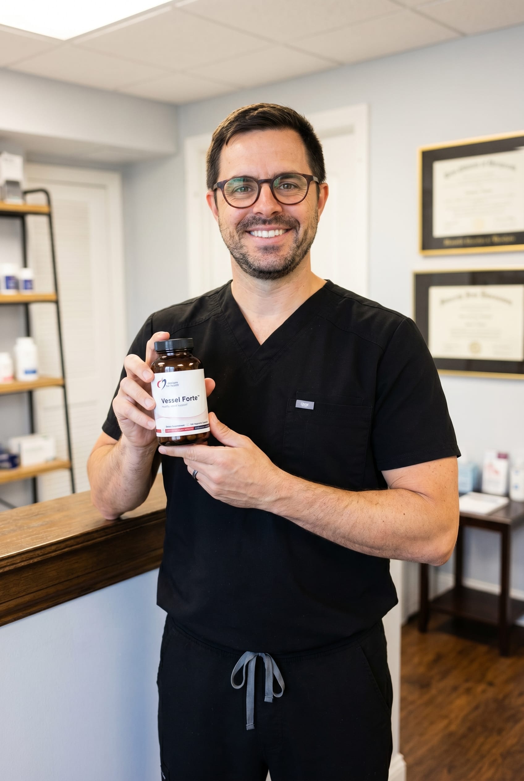 Dr. Bell holding vessel-forte