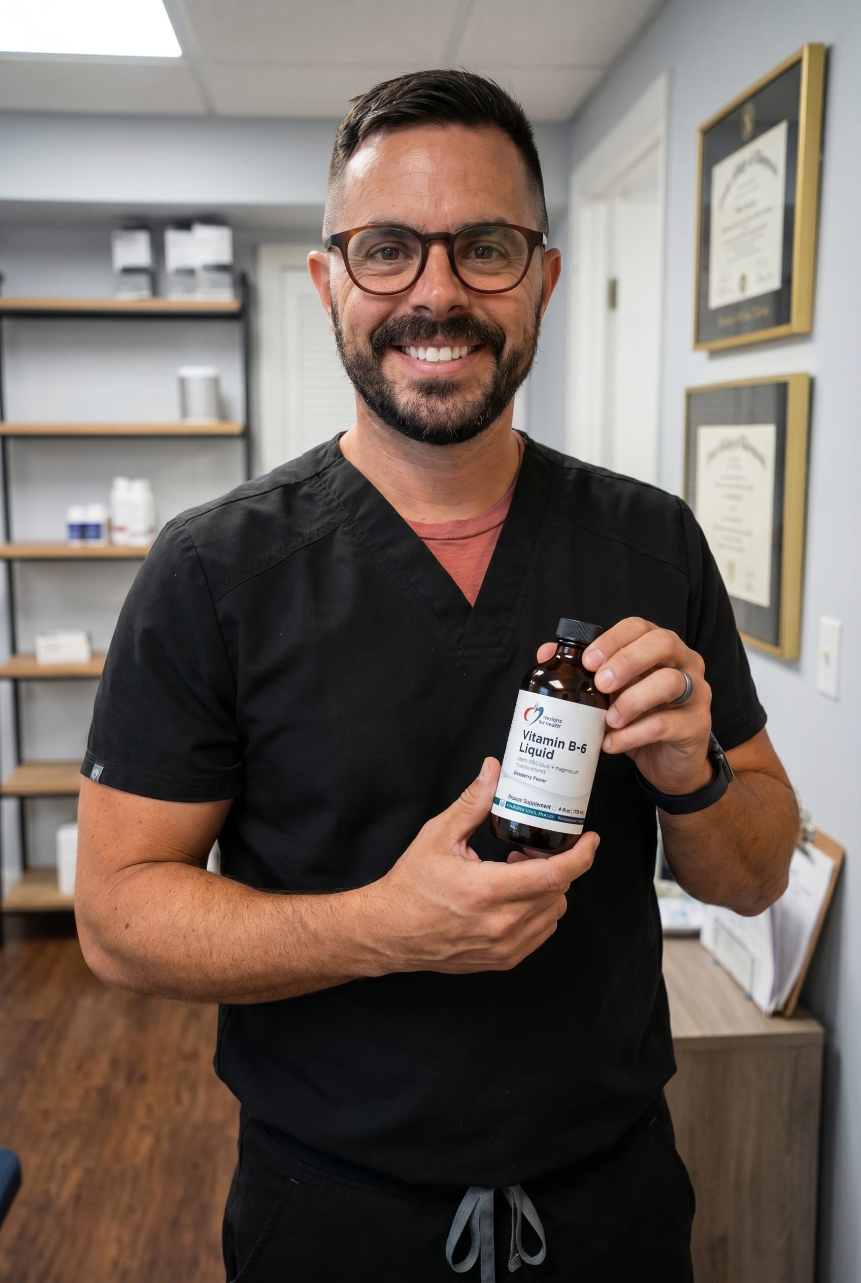 Dr. Bell holding Vitamin B-6 Liquid