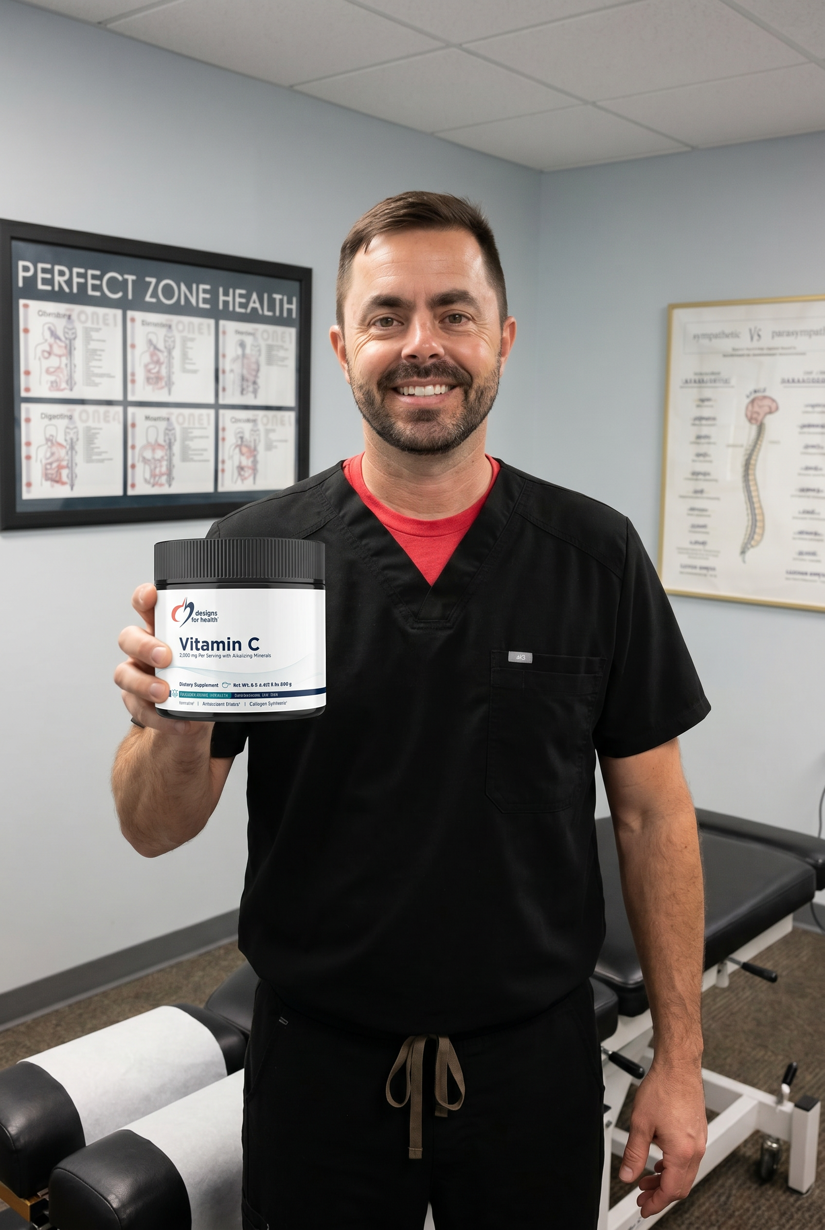 Dr. Bell holding Vitamin C Buffered Powder