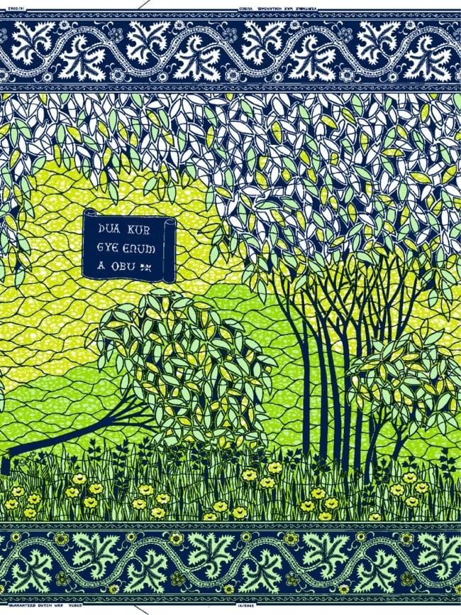 A fabric with a tree and flowers
AI-generated content may be incorrect.