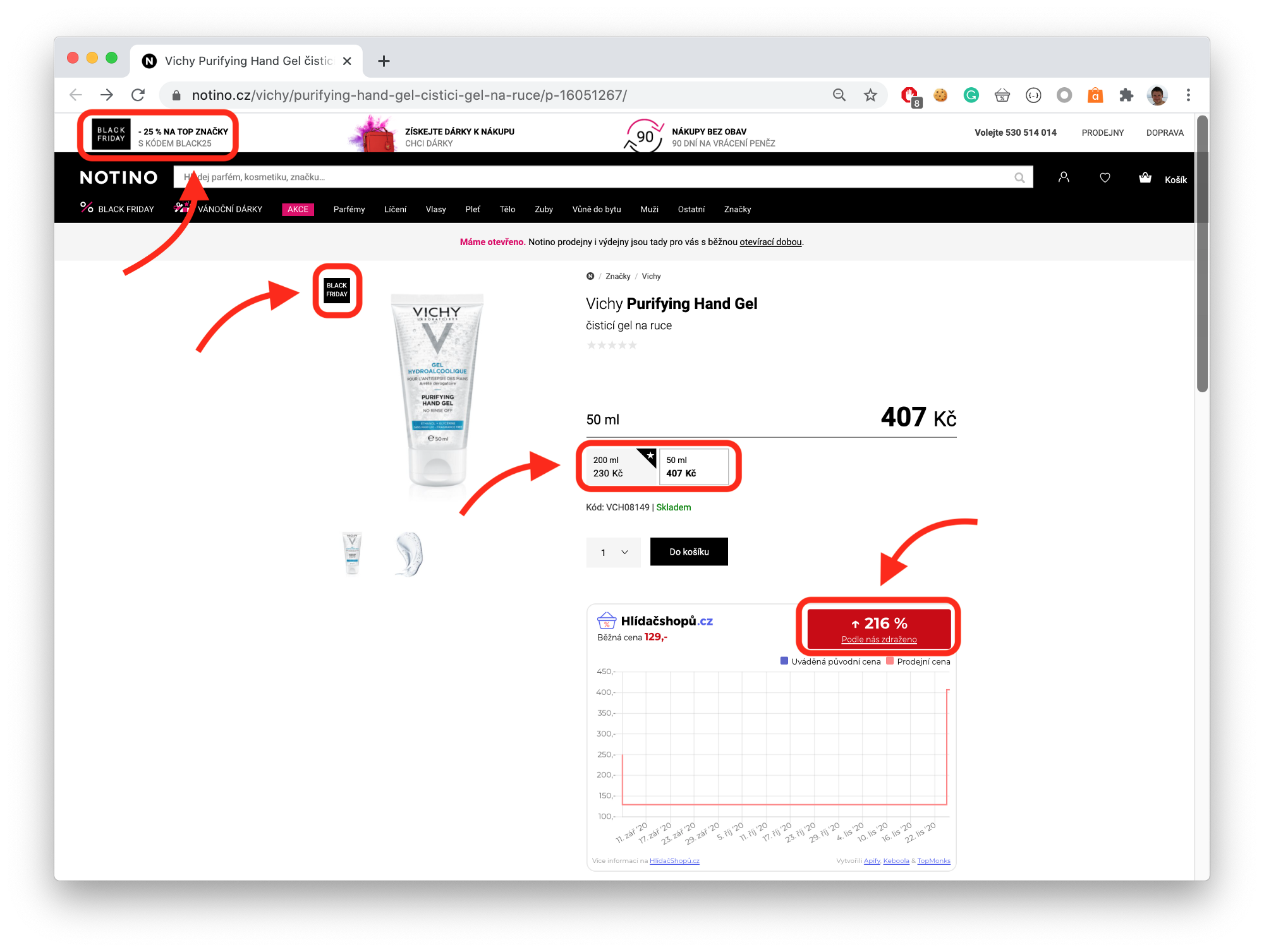 snímek obrazovky čistícího gelu na webu notino.cz za cenu 407 Kč