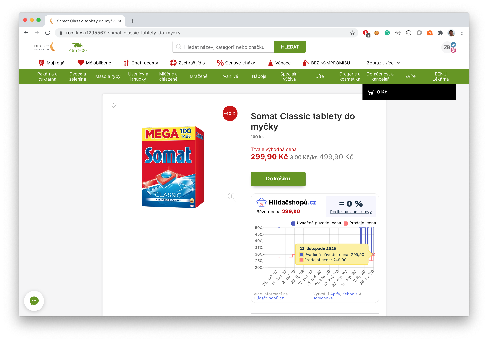snímek obrazovky tablet do myčky ve výprodeji na webu mironet.cz z 499 Kč na 299 Kč