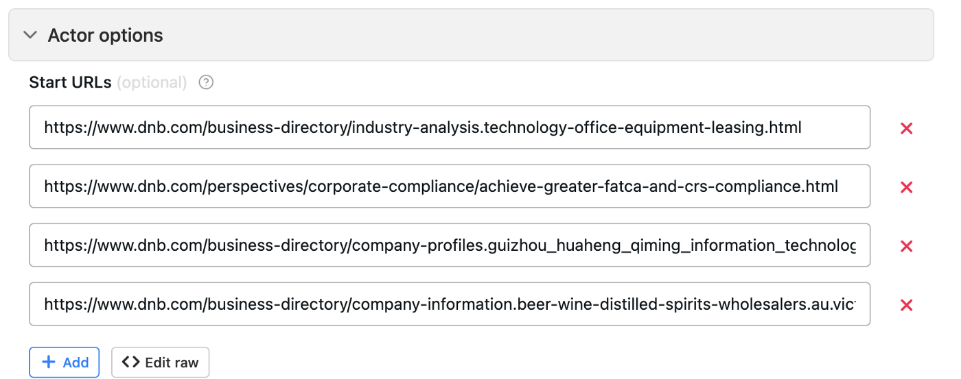 screenshot of "Actor options" in Apify Console with filled out Start URLs