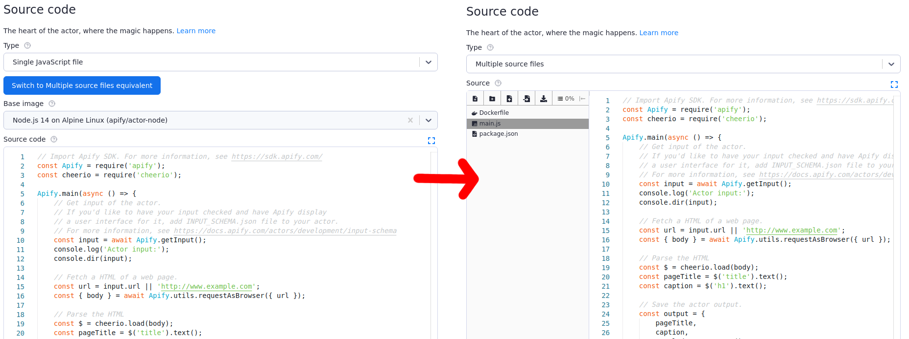 Source of actor before and after conversion to multi-file