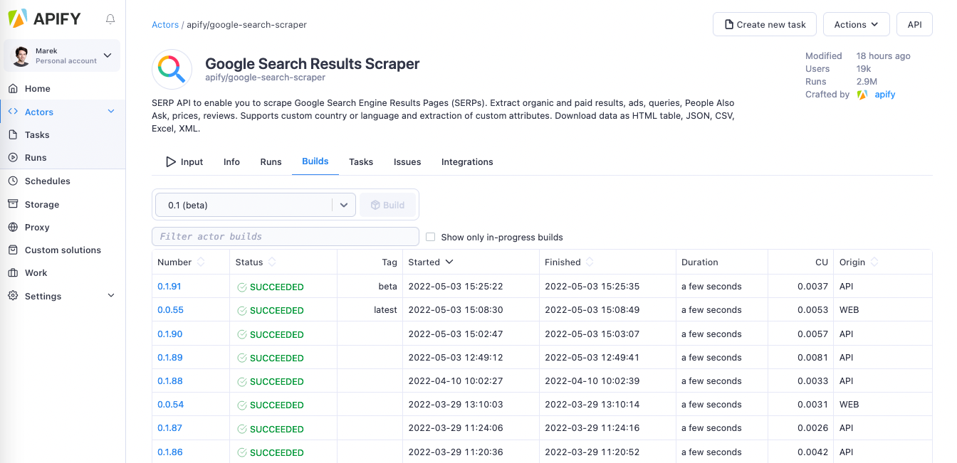 screenshot of the Builds tab within Google Search Results Scraper's Apify Console page