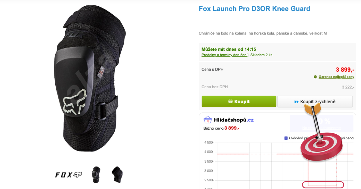 screenshot of knee pads price analyzed with the Hlídač shopů extension