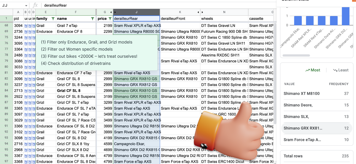 a Google Sheets table with filtered bicycle data