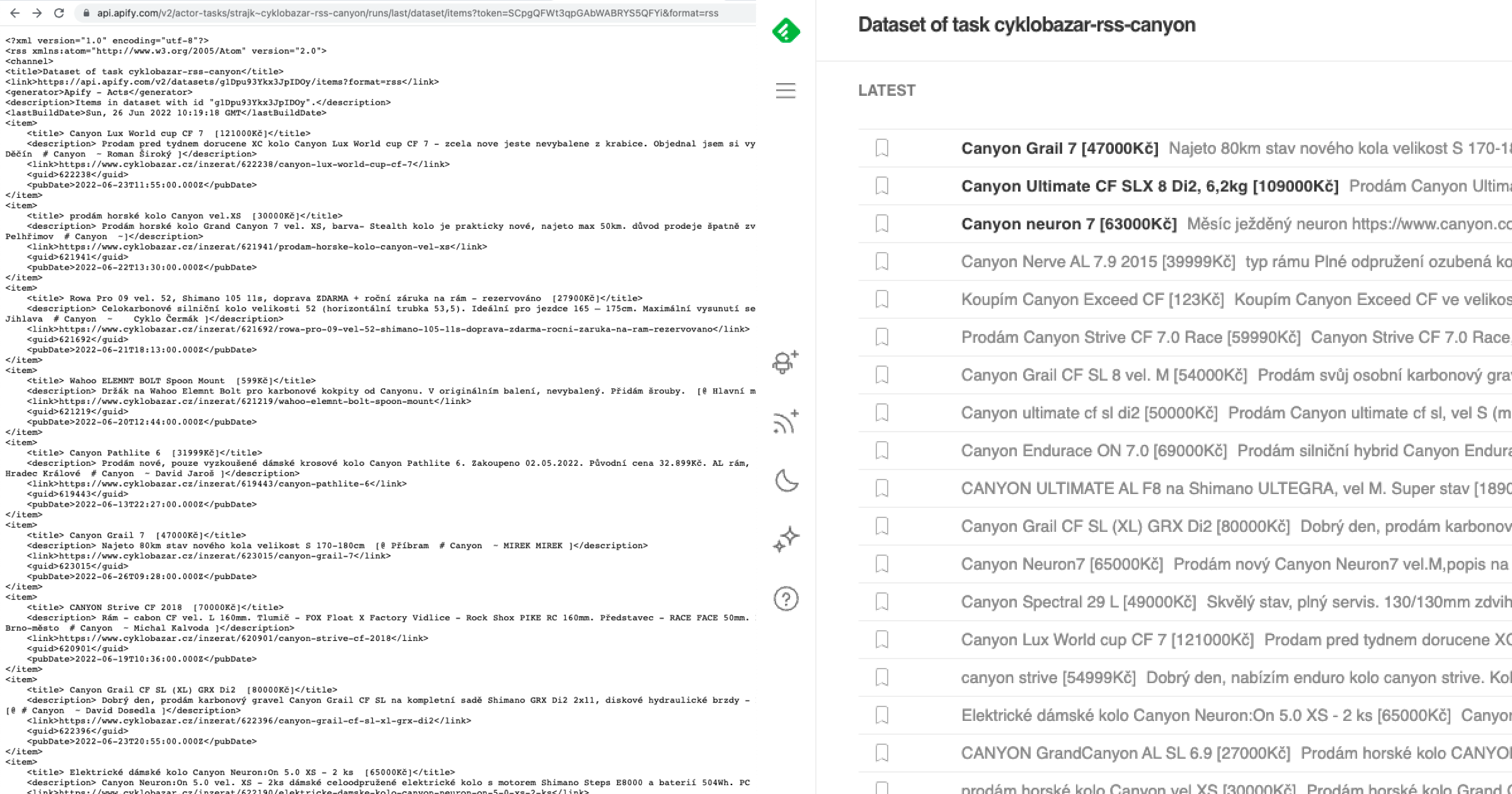 screenshot of Cyklobazar turned into a dataset and an RSS feed