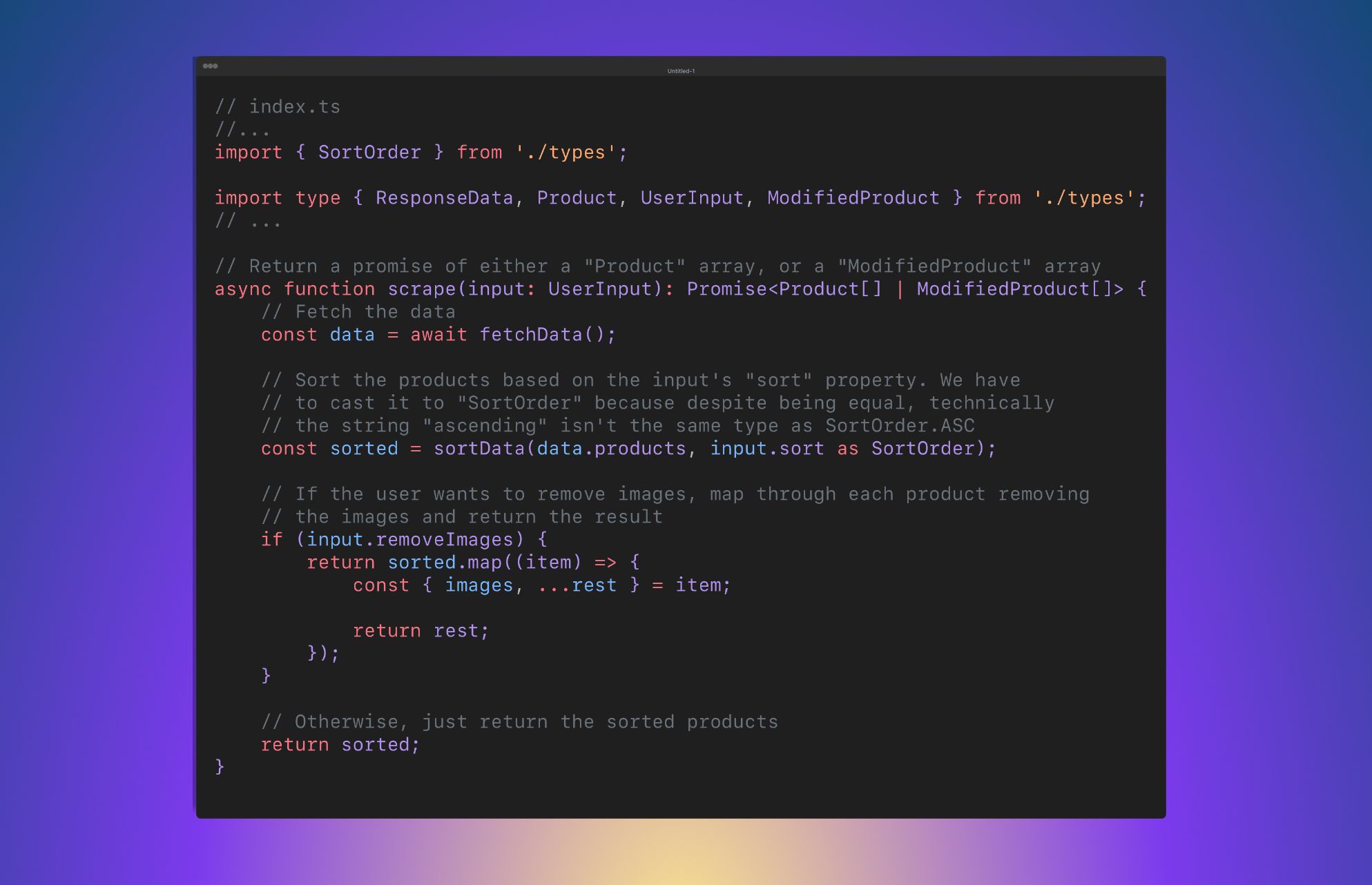 TypeScript scraper code example