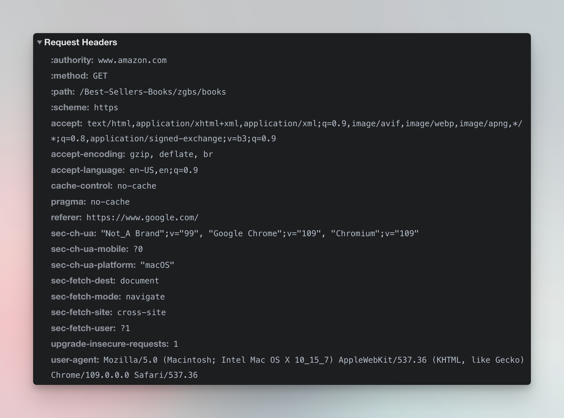 Headers that Chrome sends to amazon.com when clicking on a link on google.com