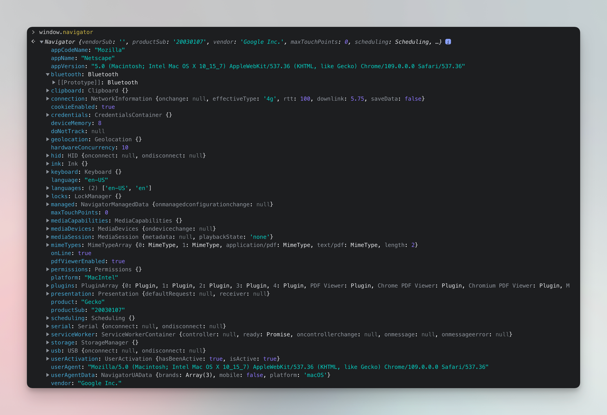 Data available about your browser via web APIs that can be used to produce a fingerprint