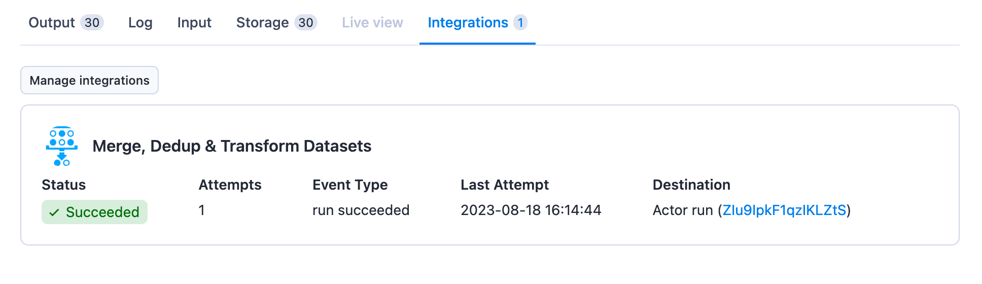 Scraped data deduplication: screenshot of Integrations tab