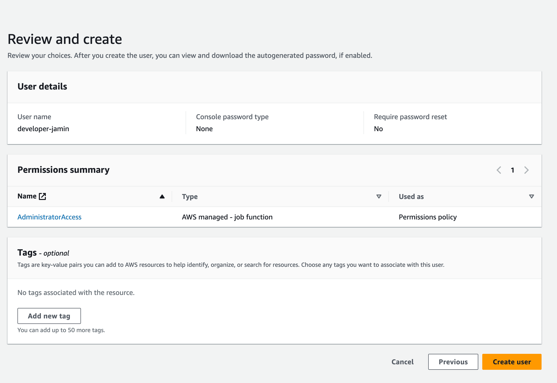AWS review details and create new user