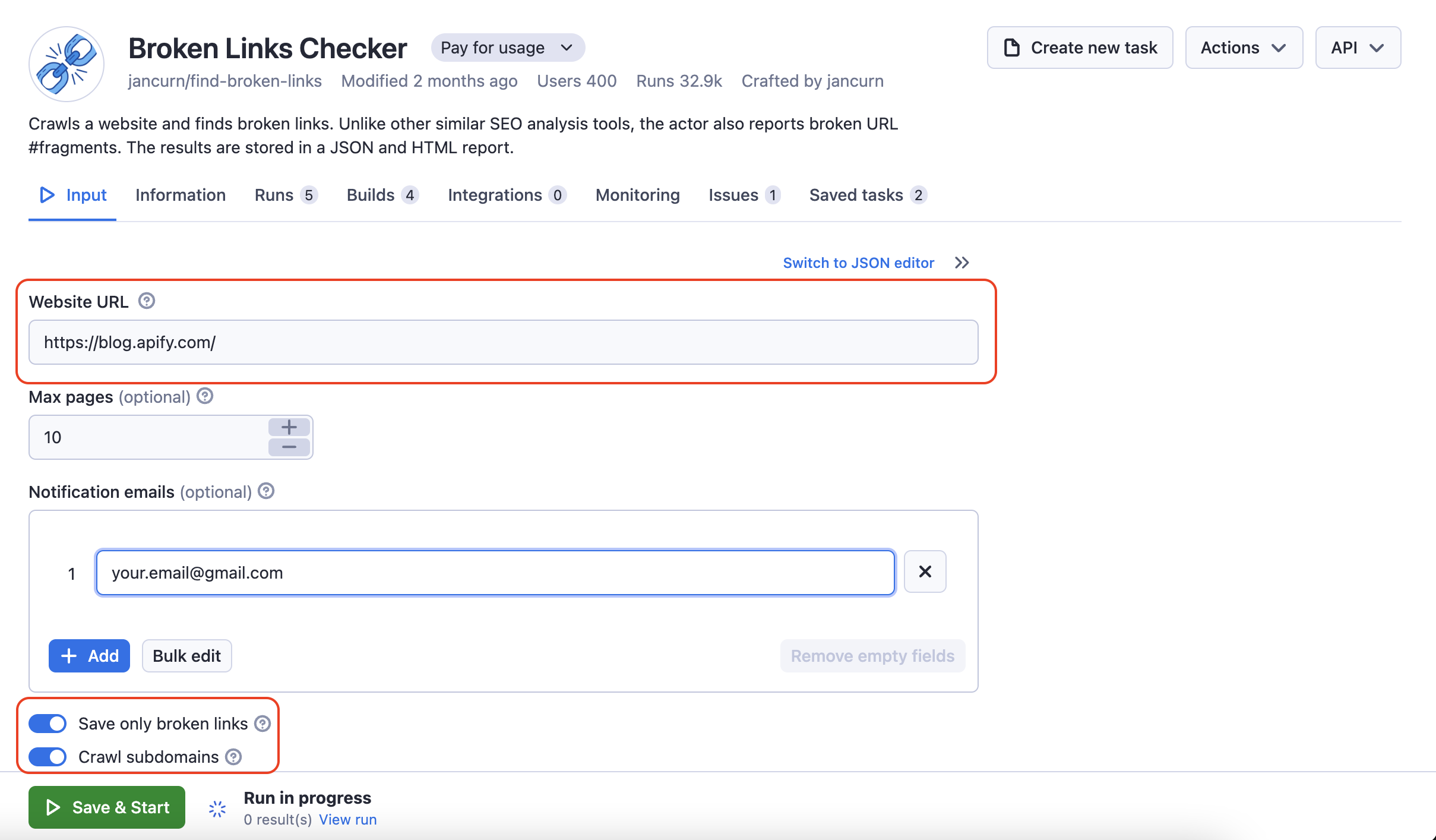 The main input fields for Broken Links Checker
