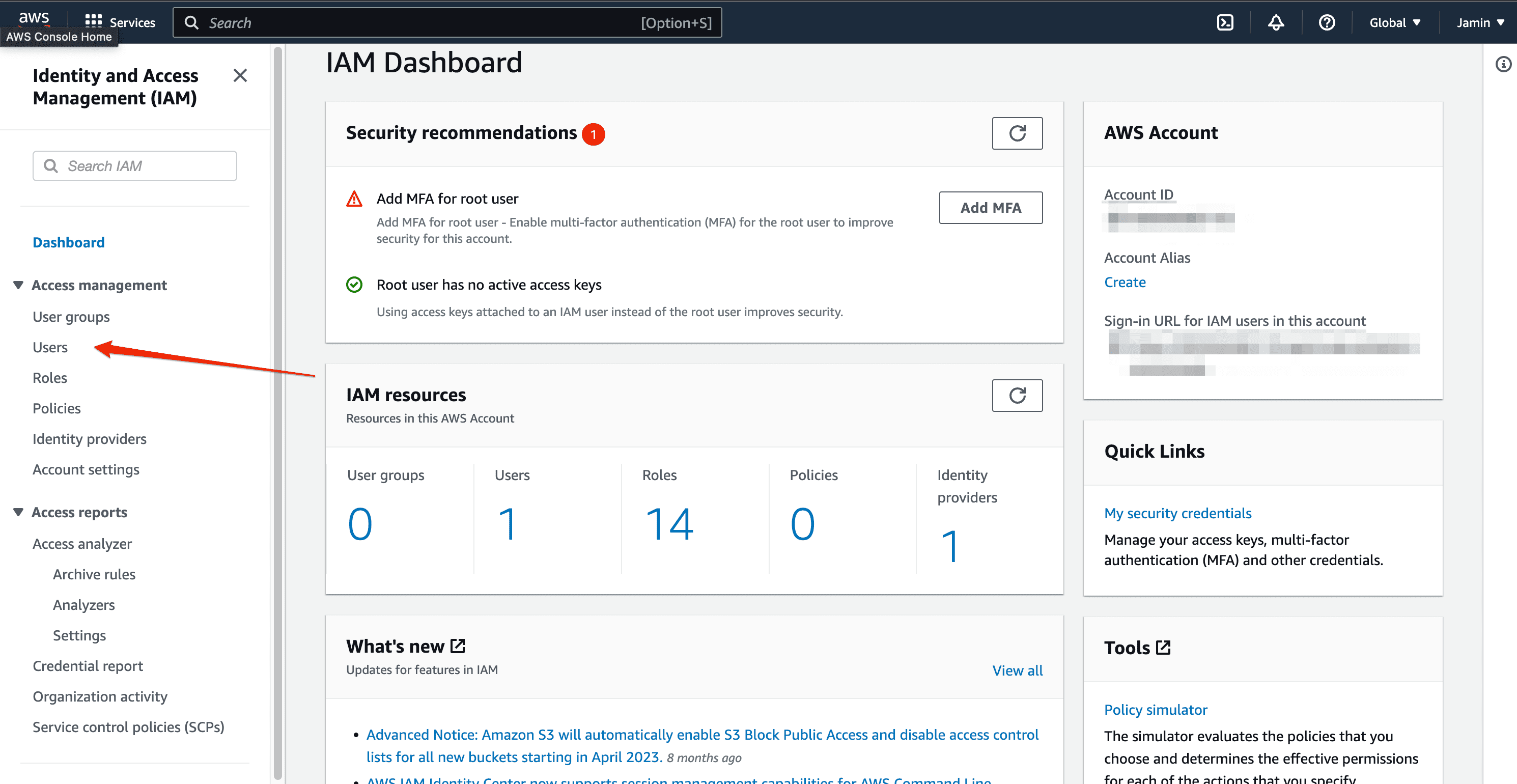 IAM AWS dashboard
