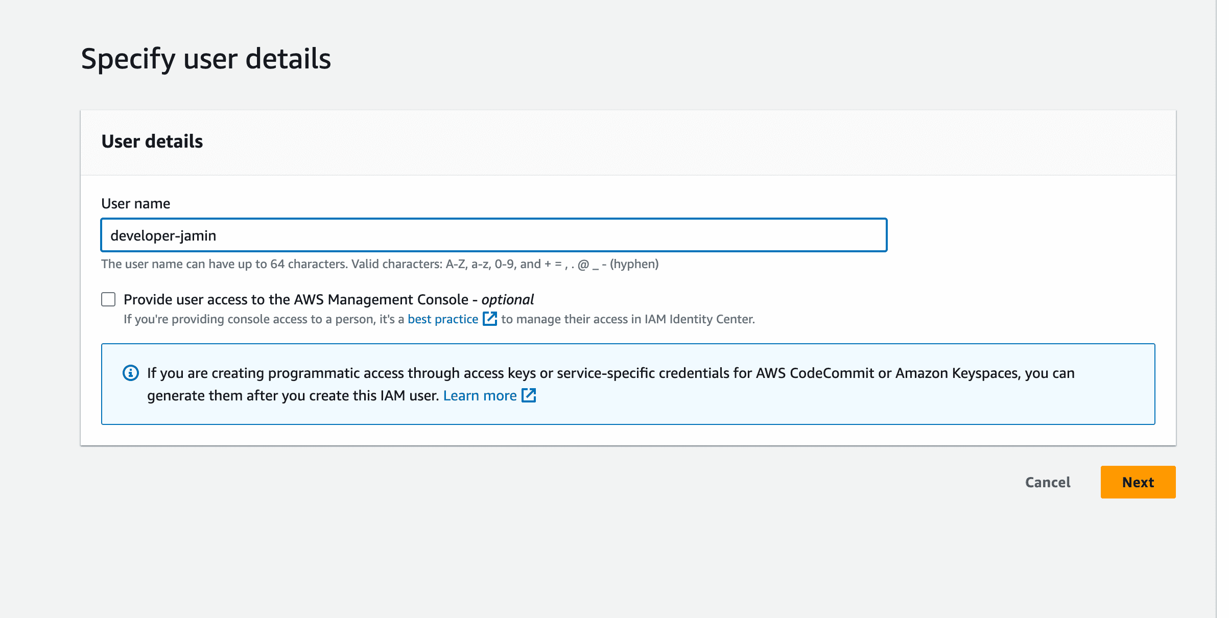 Specify user details AWS