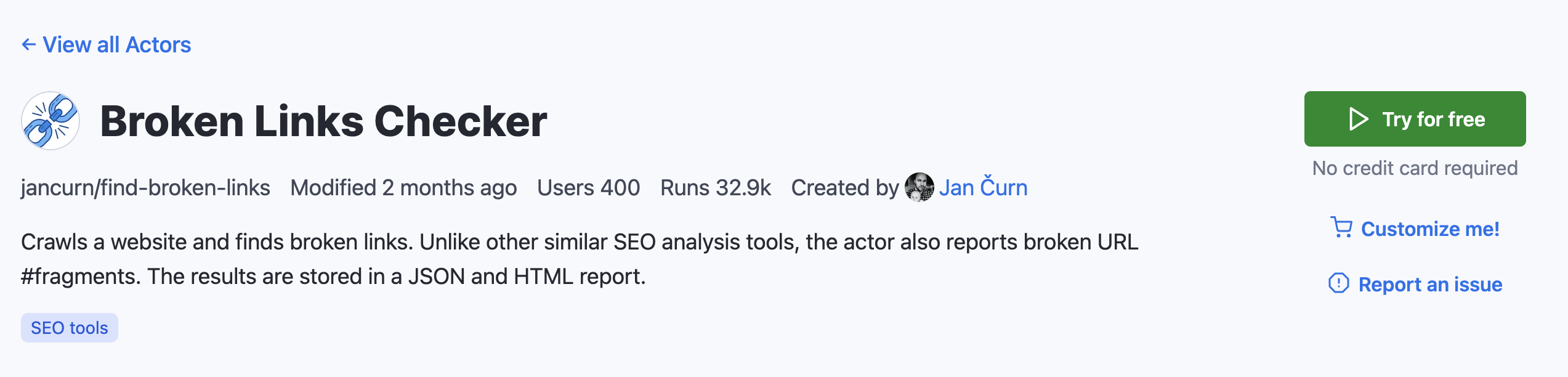 The Broken Links Checker page on Apify Store