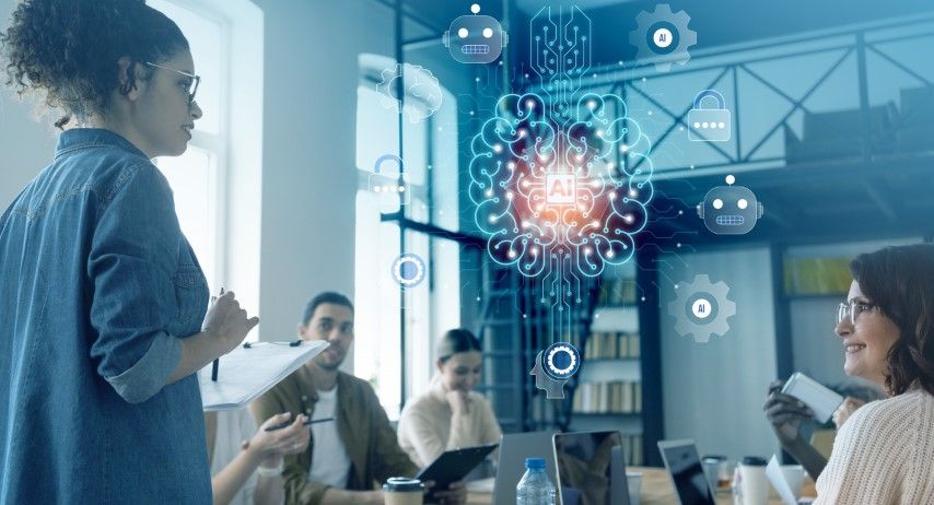 Marketing strategy meeting with overlay of AI tools