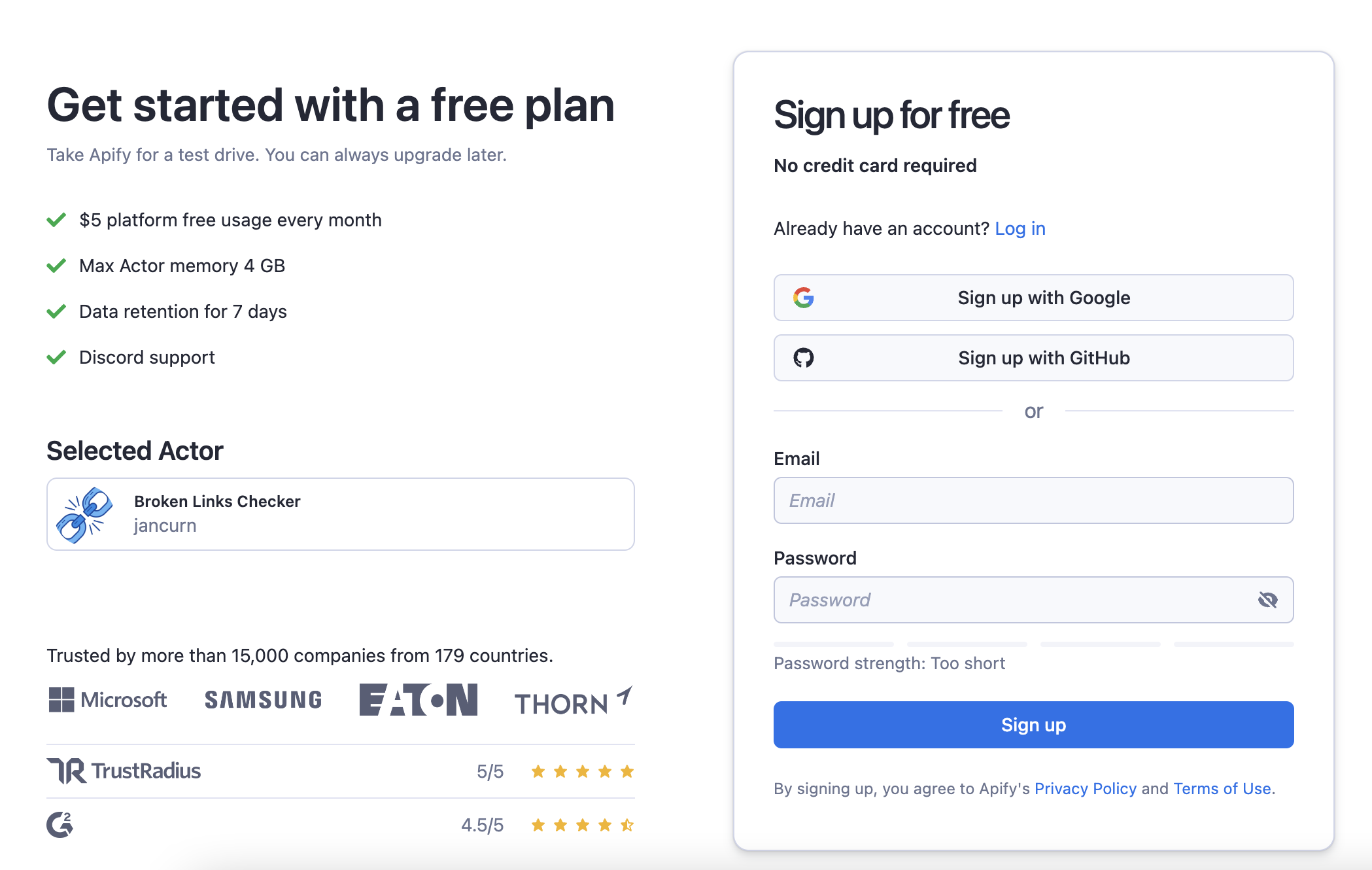 The signup page on Apify Store
