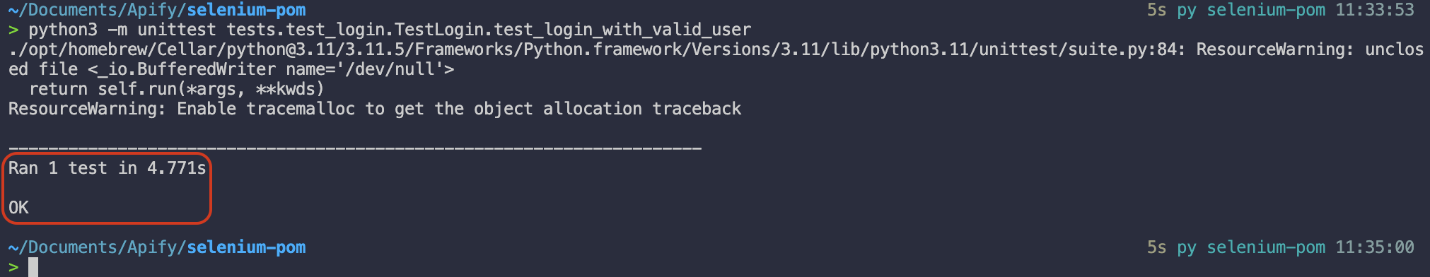 Selenium POM: log of test result