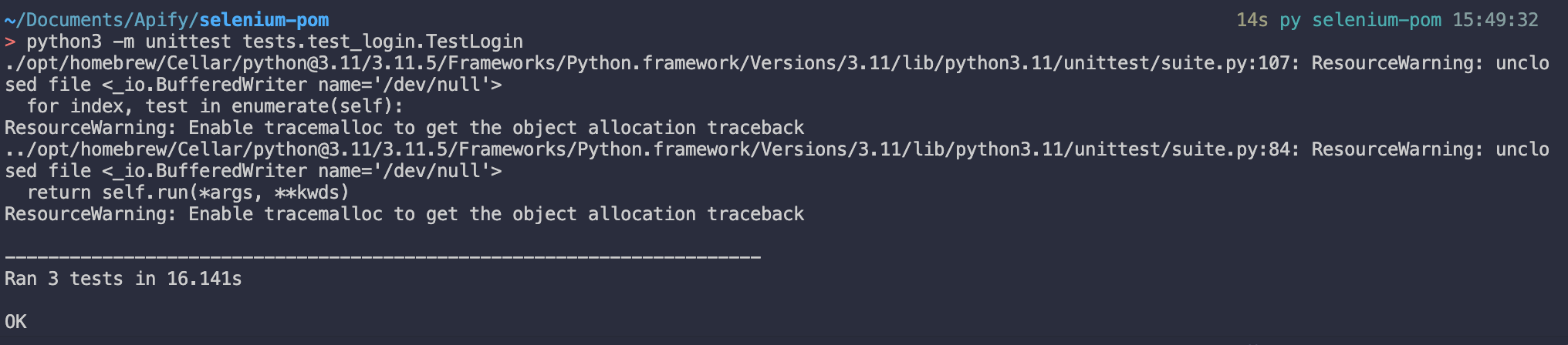 Selenium POM: terminal with test message