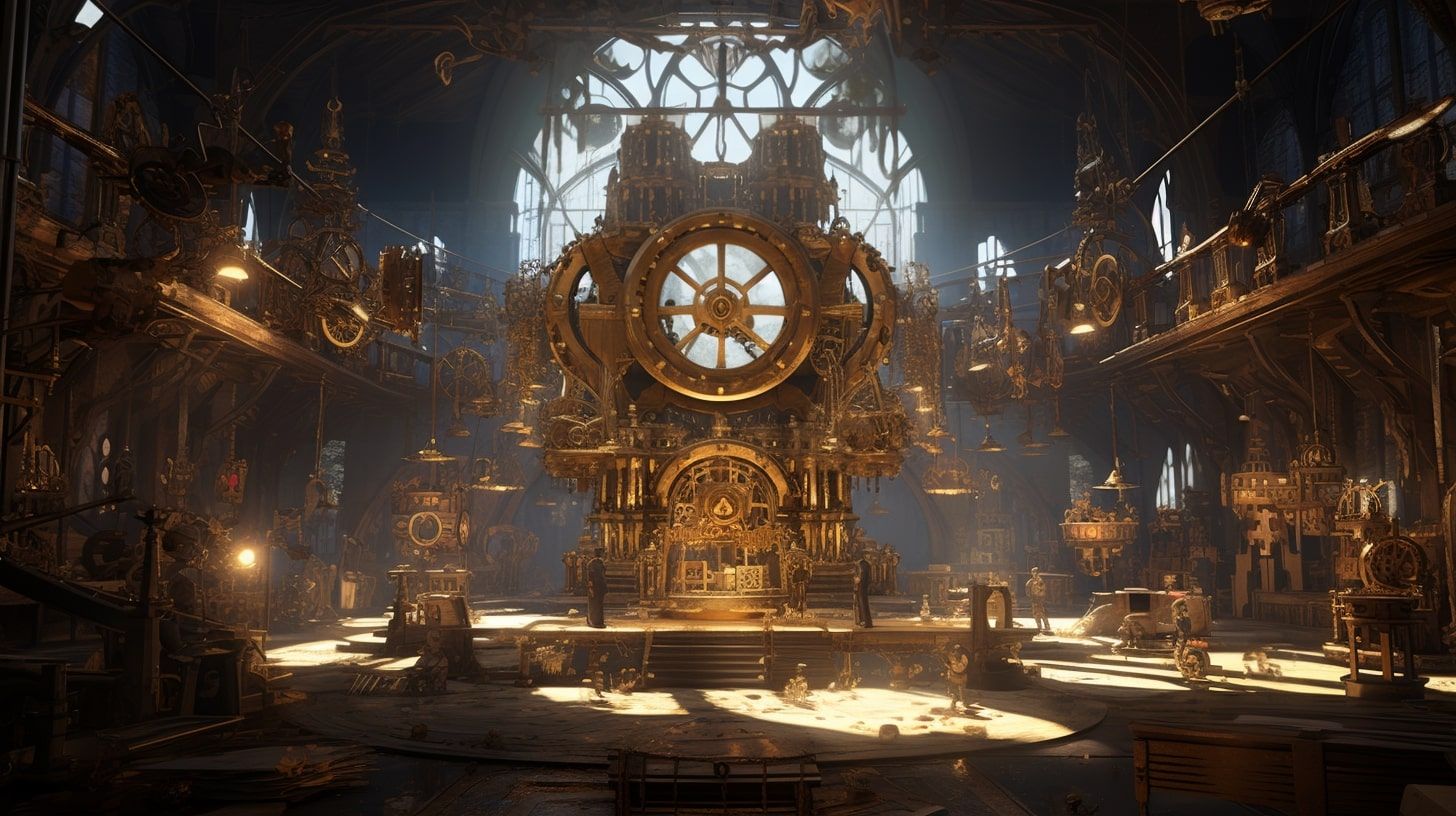 Robot parts and tools in workshop with clocktower. Visual metaphor for page object model automated testing of web applications using Selenium and Python.