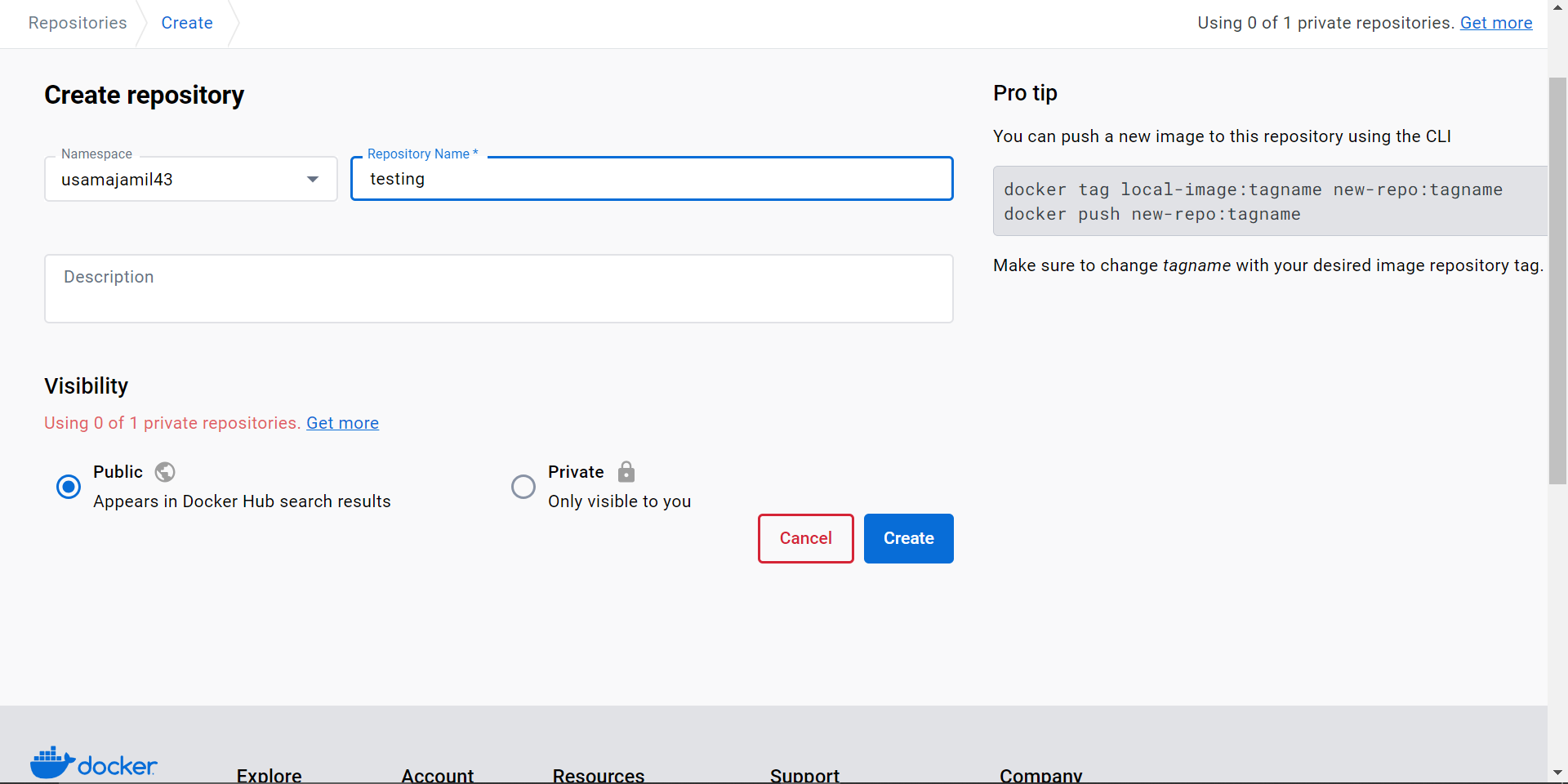 Python on Docker: Docker Hub upload page screenshot
