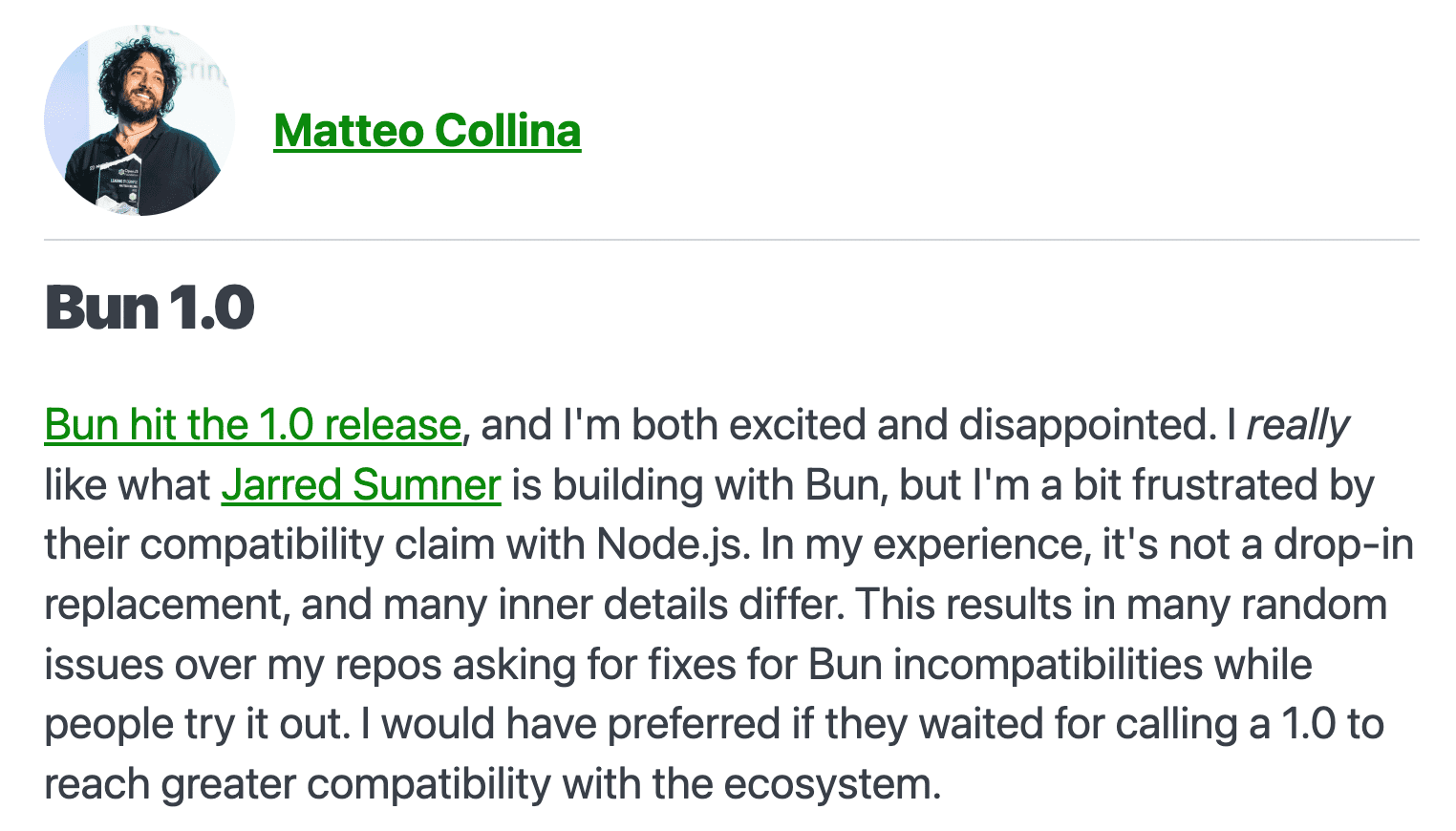 Bun 1.0. Matteo Collina blog